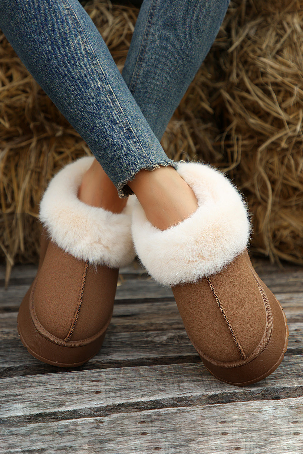 Chestnut Plush Suede Trim Thick Sole Flat Slippers BB Fashion Outlet