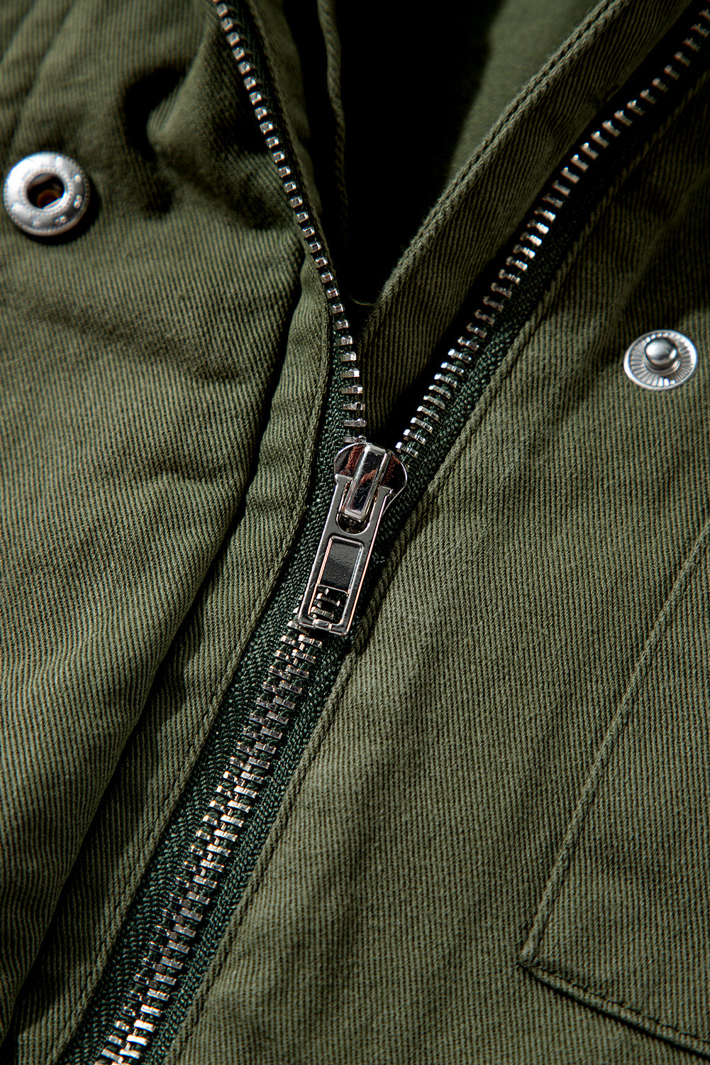 Moss Green Snap Button Zipper Tight Waist Collared Jacket eAura