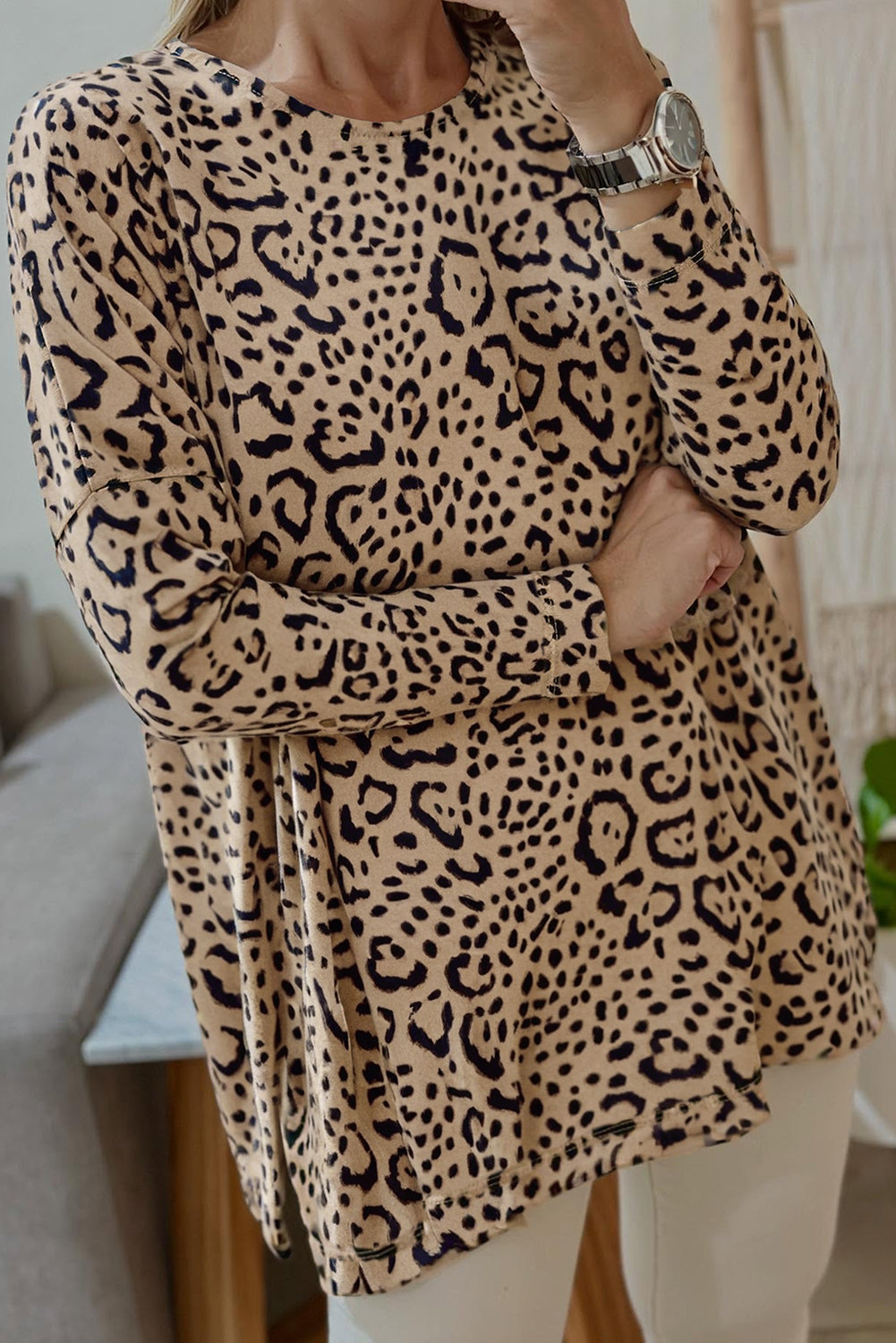 Khaki Leopard Print Long Batwing Sleeve Loose Top eAura