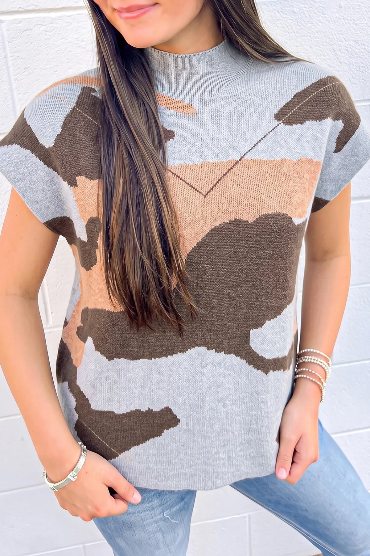 Camouflage Pattern Drop Shoulder High Neck Short Sleeve Shift Sweater – Grey