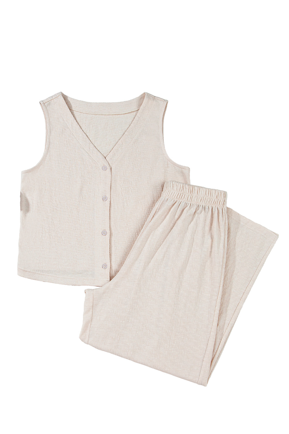 Apricot Buttoned V Neck Tank Top and Wide Leg Trousers Casual Outfit eAura
