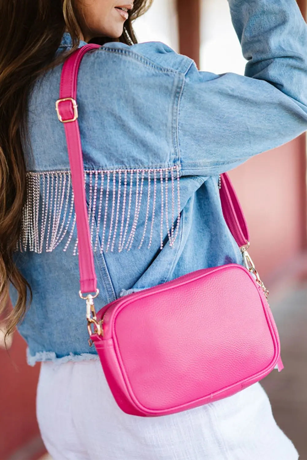 Rose Red Minimalist Square Shoulder Bag with Tassel