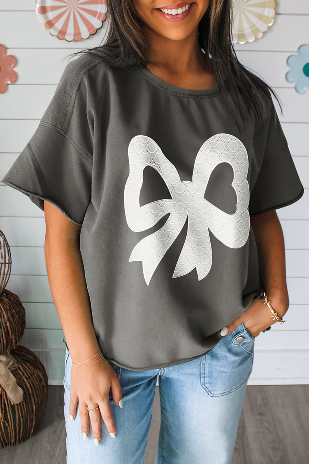 Bow Raw Edge Drop Shoulder Casual T Shirt eAura