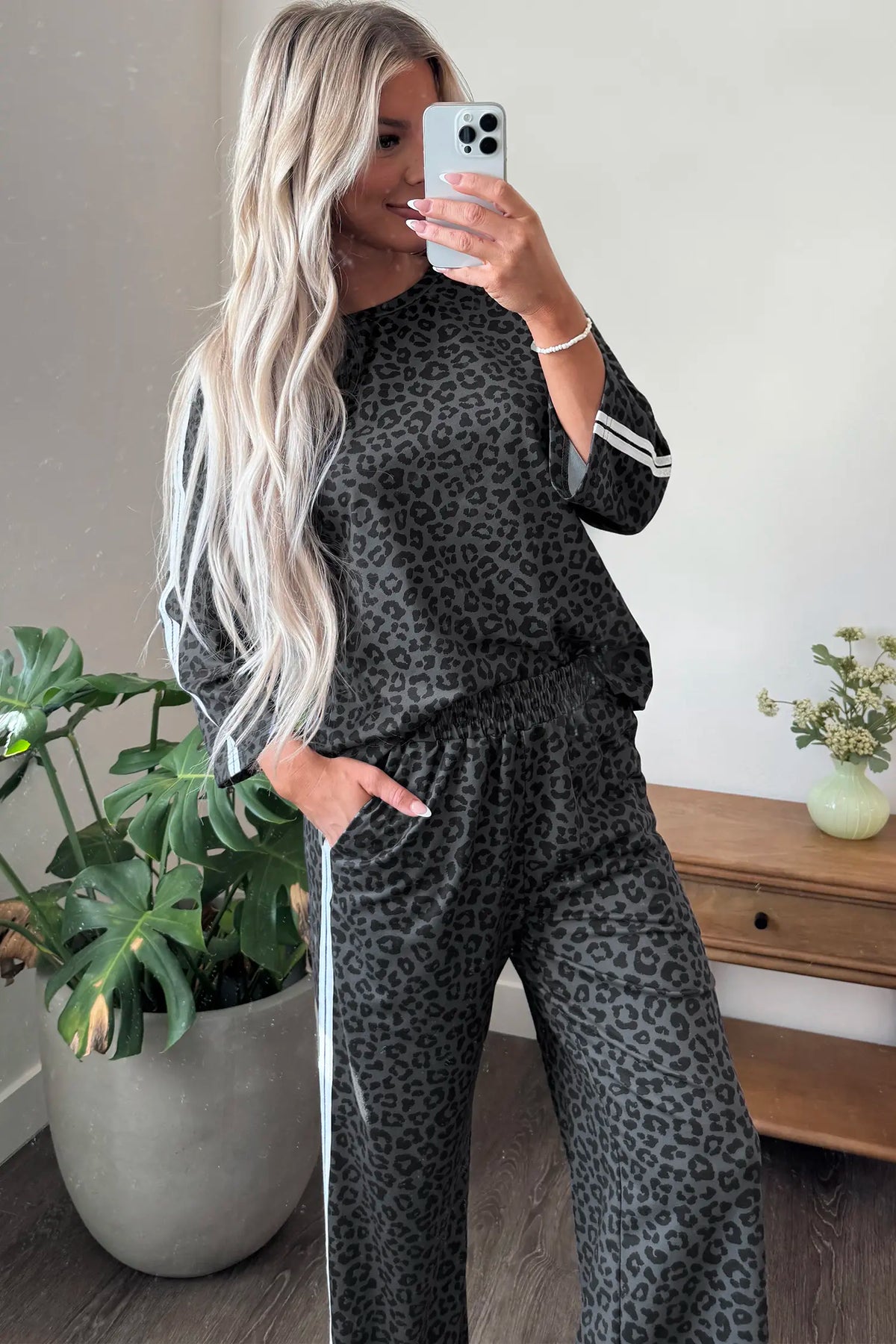 Leopard Print Varsity Striped Detail 3/4 Sleeve Top Shift Pant Set – Pink