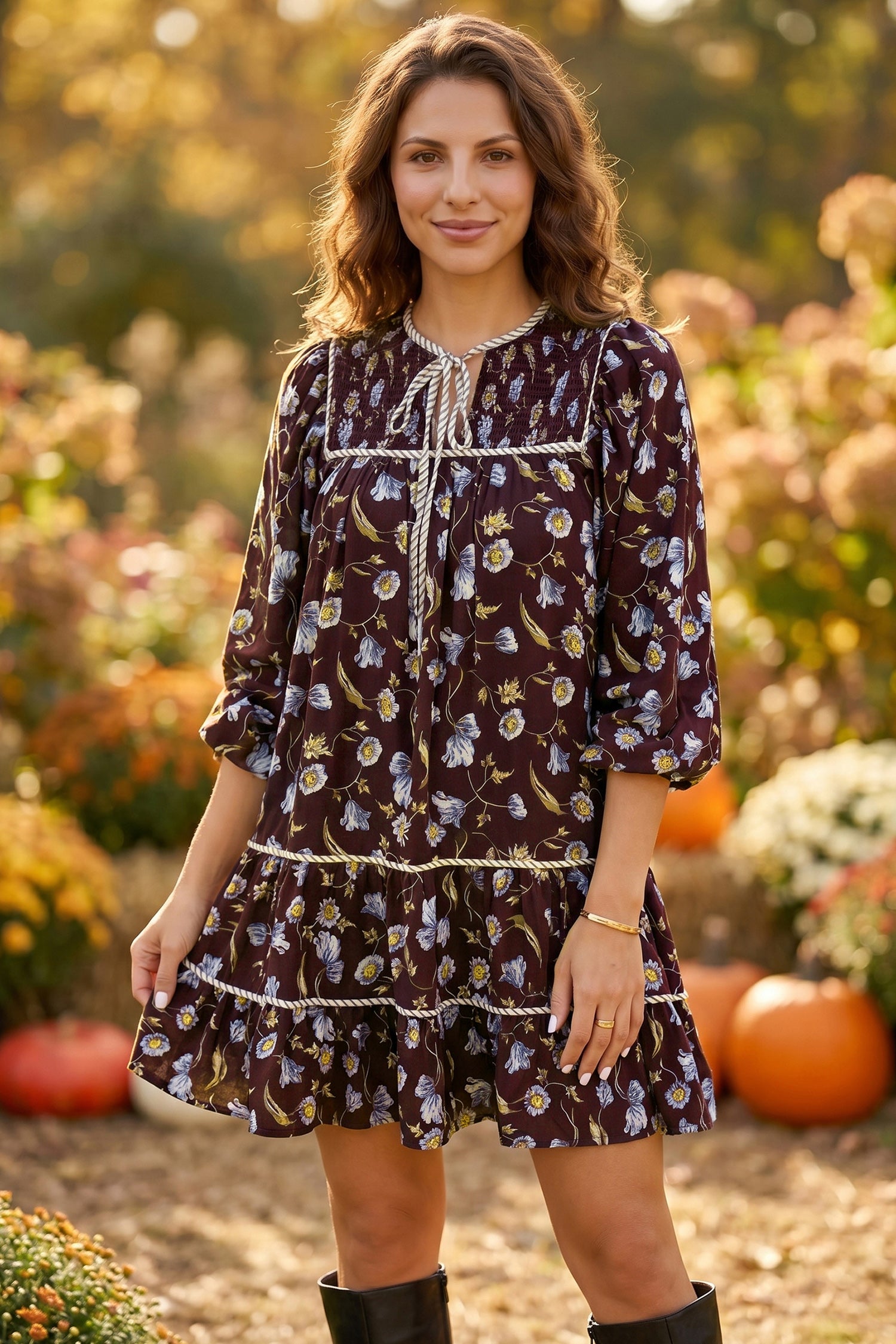 Floral Print Shirred V Neck Shift Dress – Brown