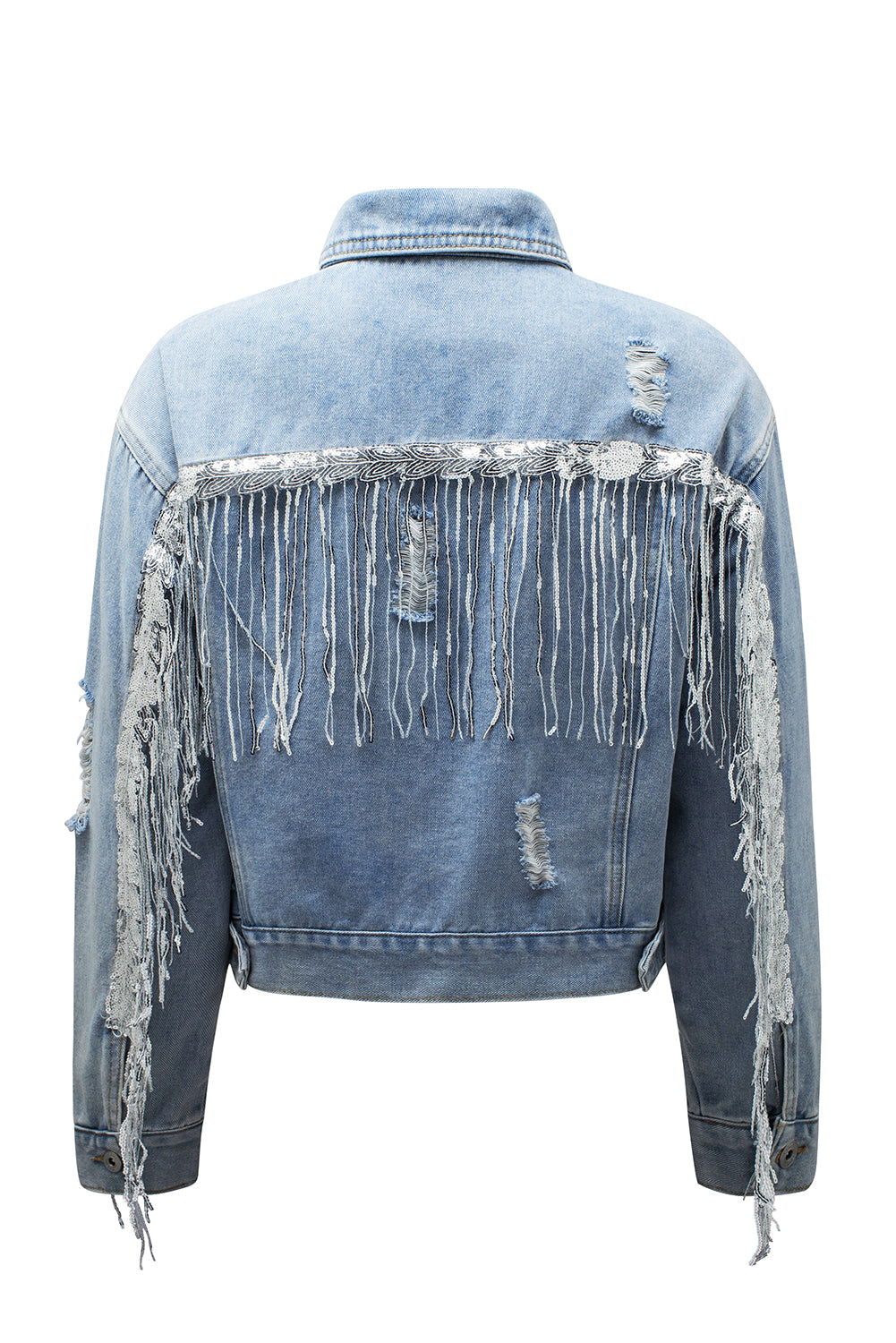 Sky Blue Sequin Embellished Fringe Distressed Denim Jacket Beagle Boutique Fashion Outlet