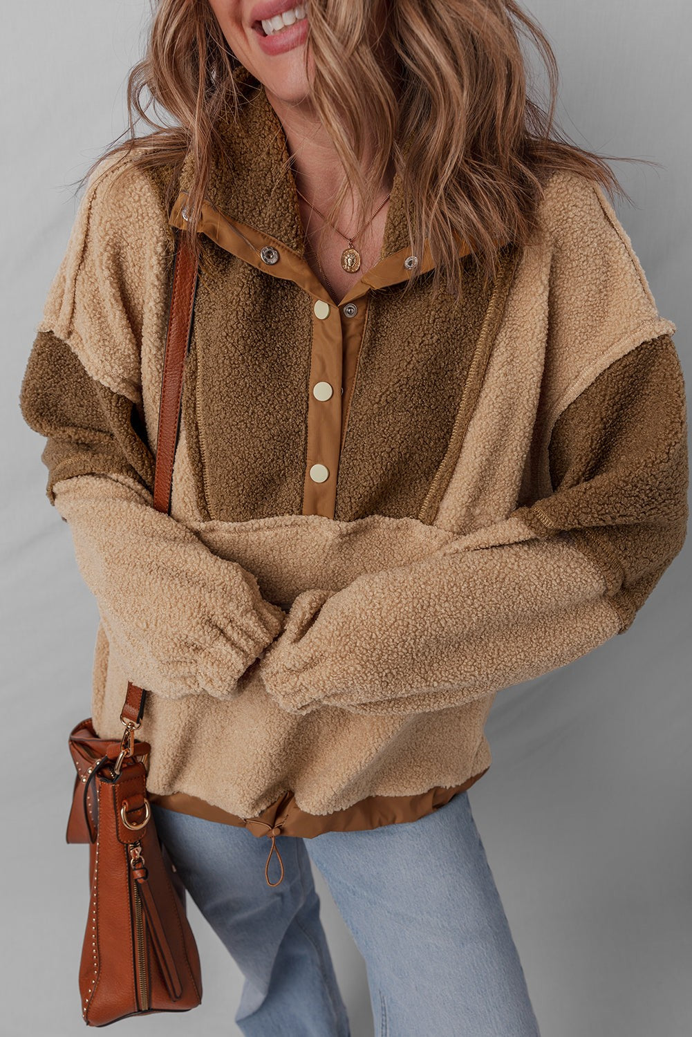 Colour Block Half Button Sherpa Sweatshirt - Tops/Sweatshirts & Hoodies