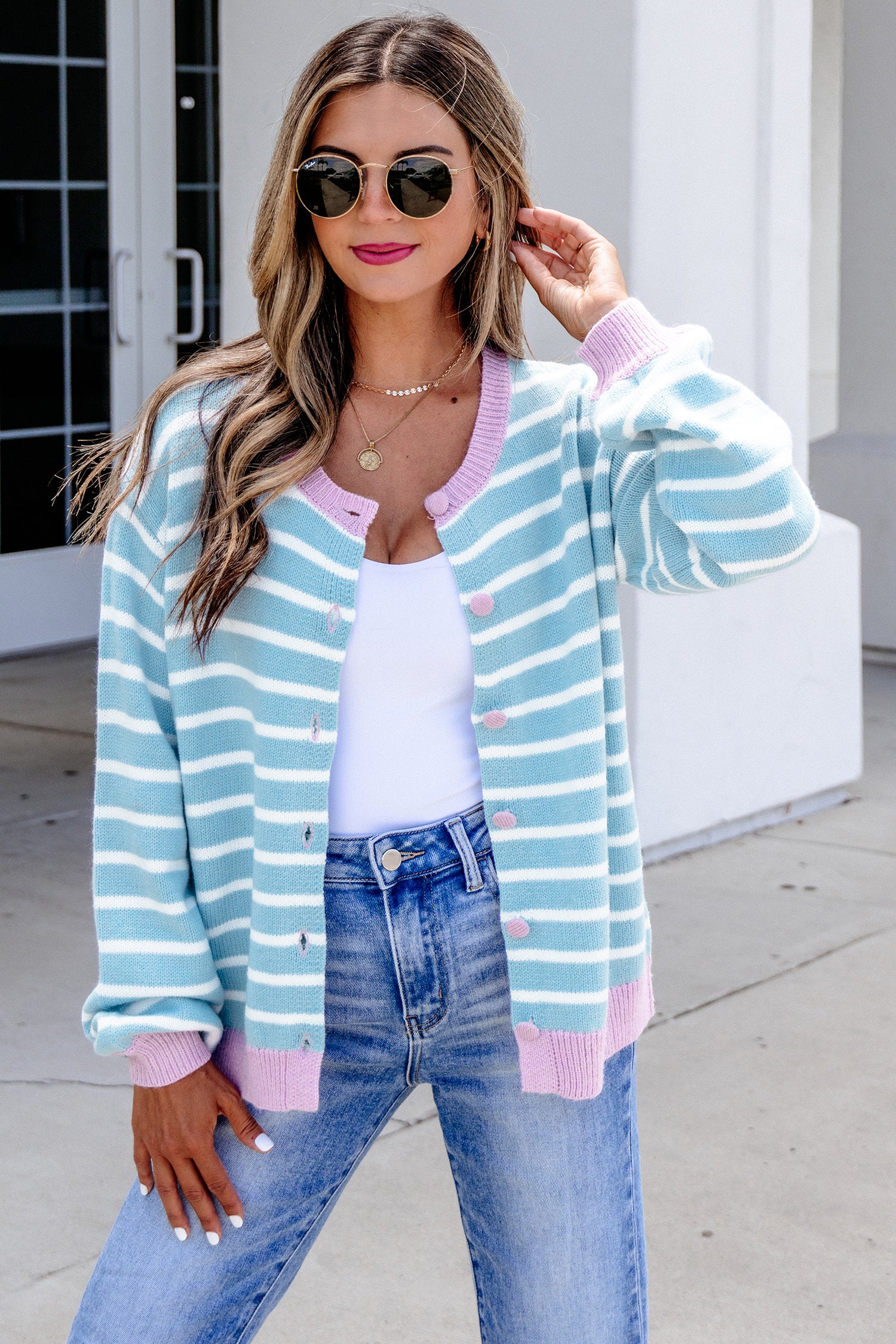Contrast Trim Button Down Casual Sweater Cardigan – Sky Blue Stripe