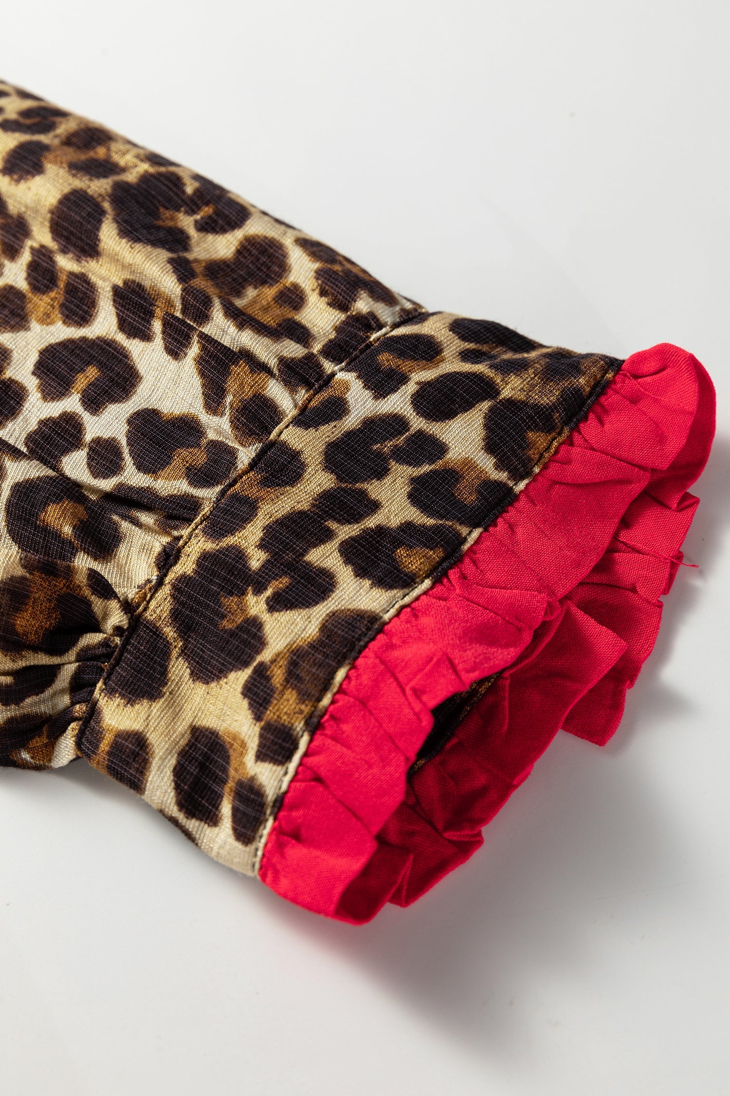 Leopard Allure Contrast Ruffle Trim V-Neck Shirt - eAura