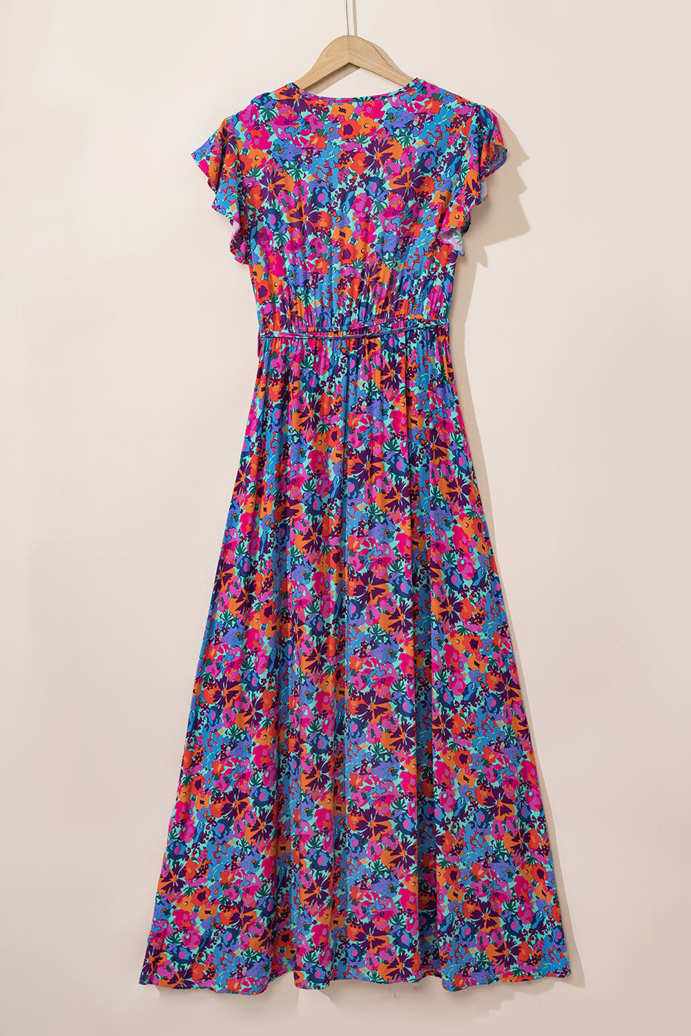 Blue Floral Print V Neck Wrap Split Maxi Dress eAura