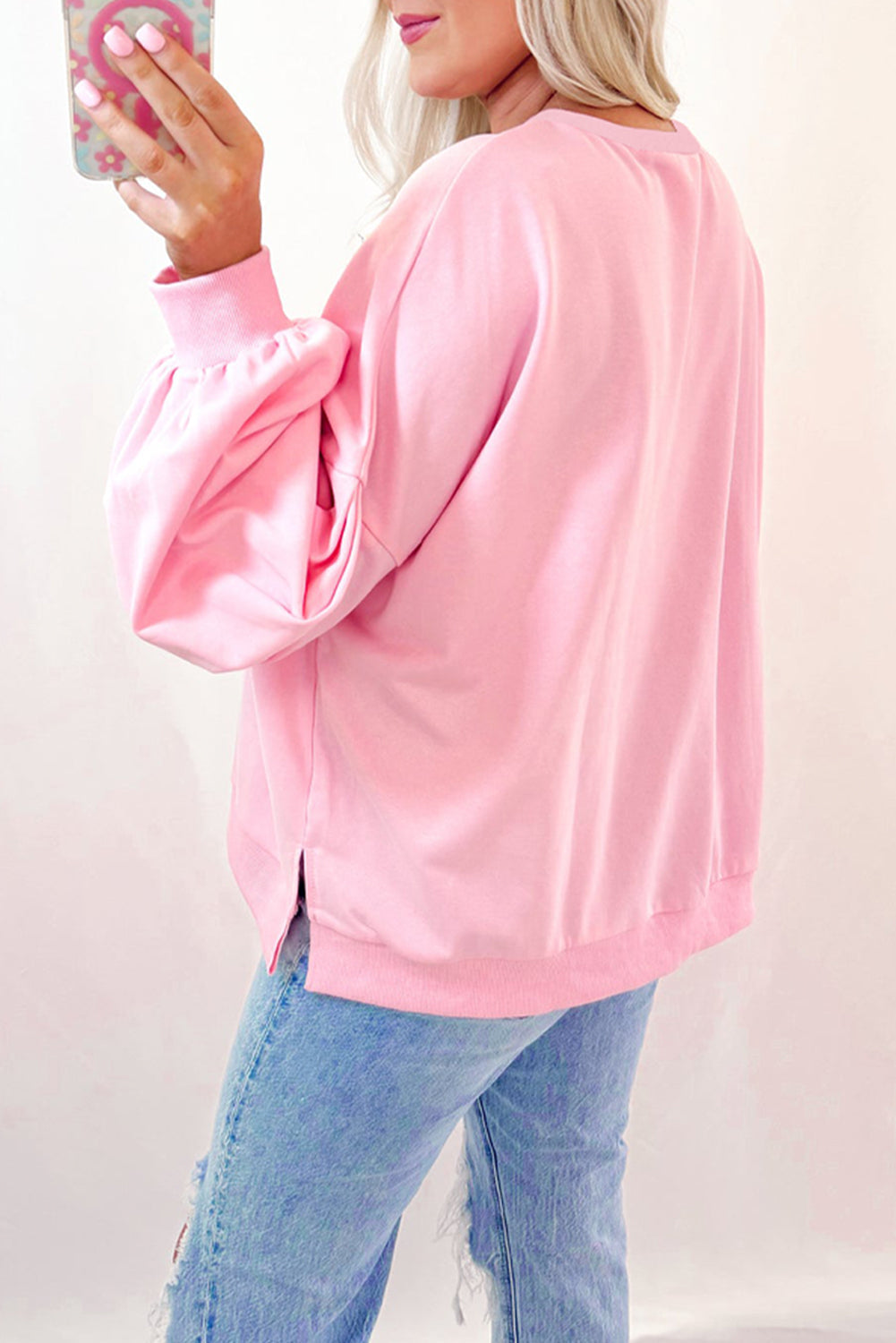 Light Pink Embroidered Bow Lantern Sleeve Oversized Pullover Sweatshirt eAura
