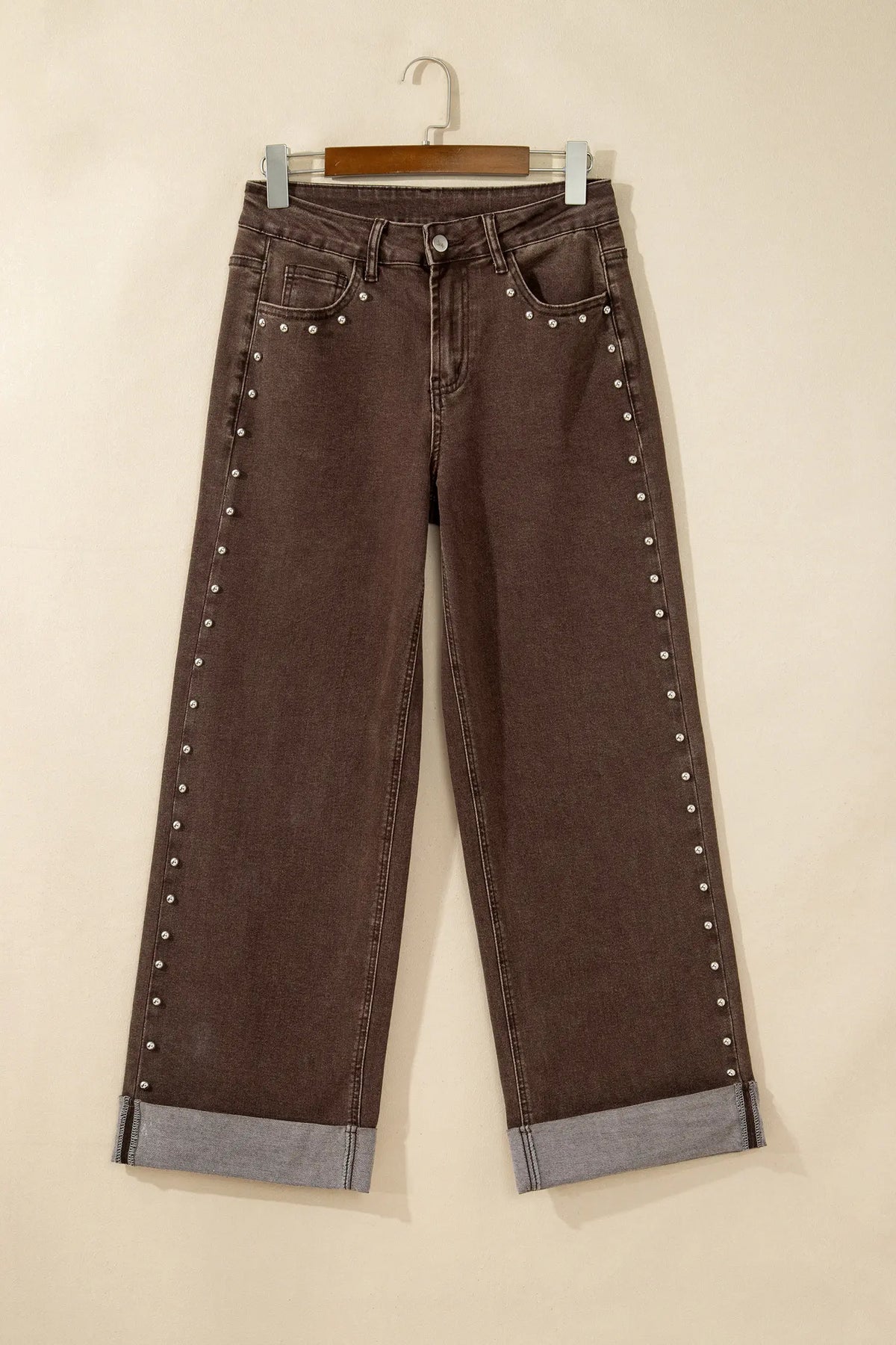 Studded Detail Straight Leg Casual Loose Jeans – Black