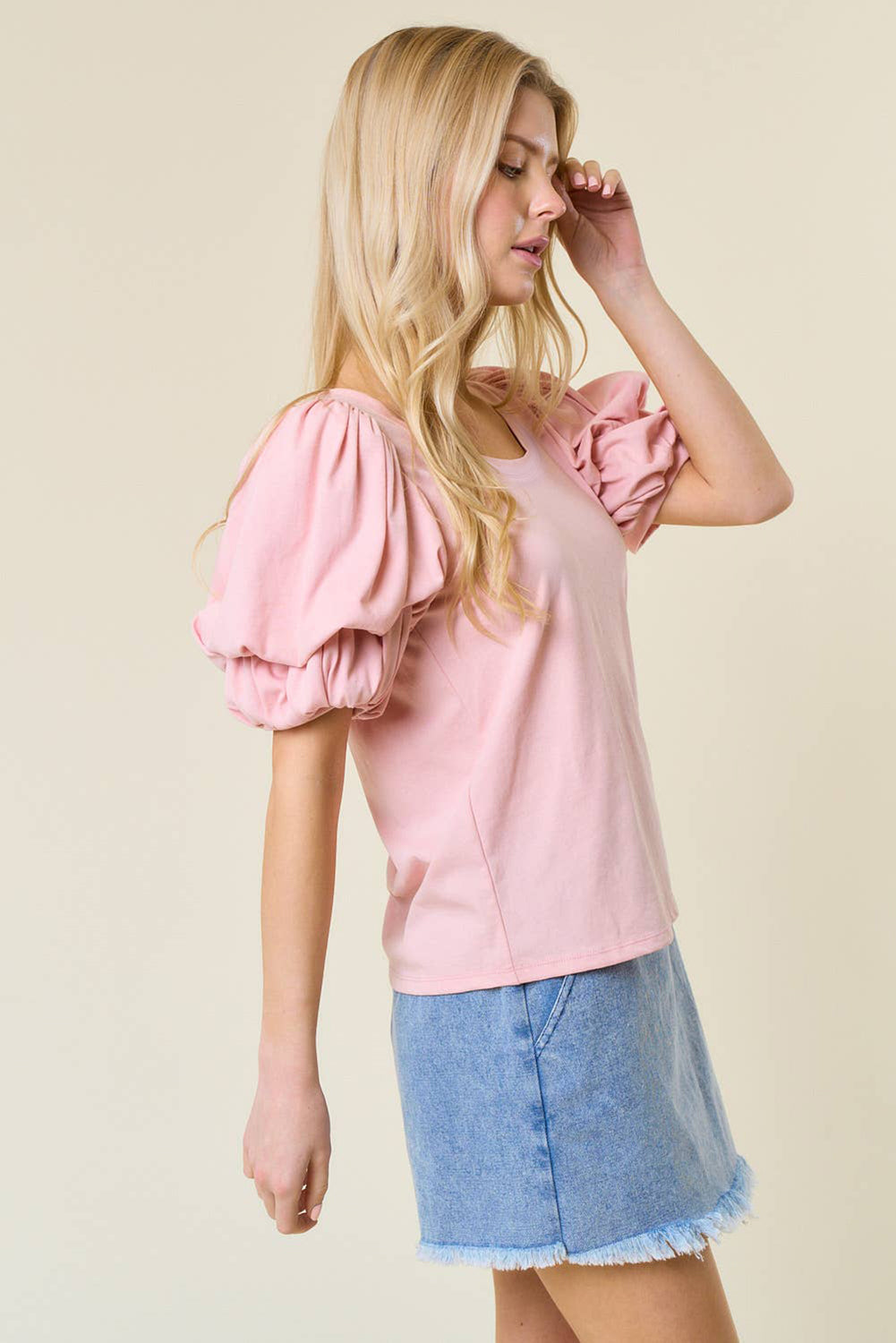 Light Pink Scoop Neck Bubble Sleeve Tee eAura