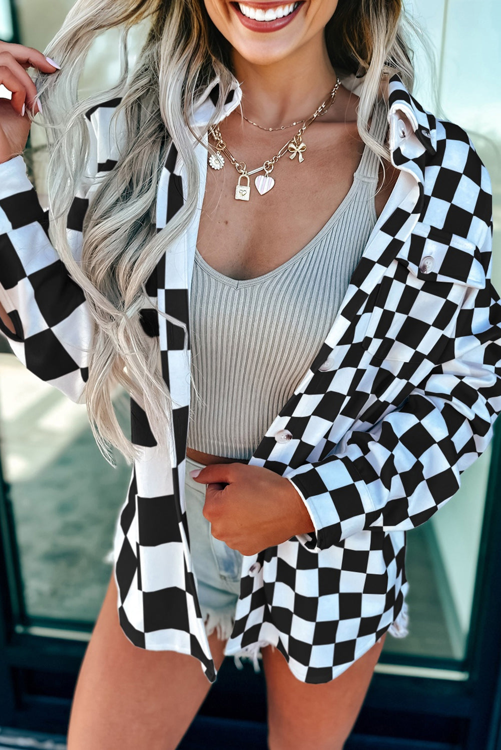 Checkerboard Flap Pocket Button Front Shacket eAura