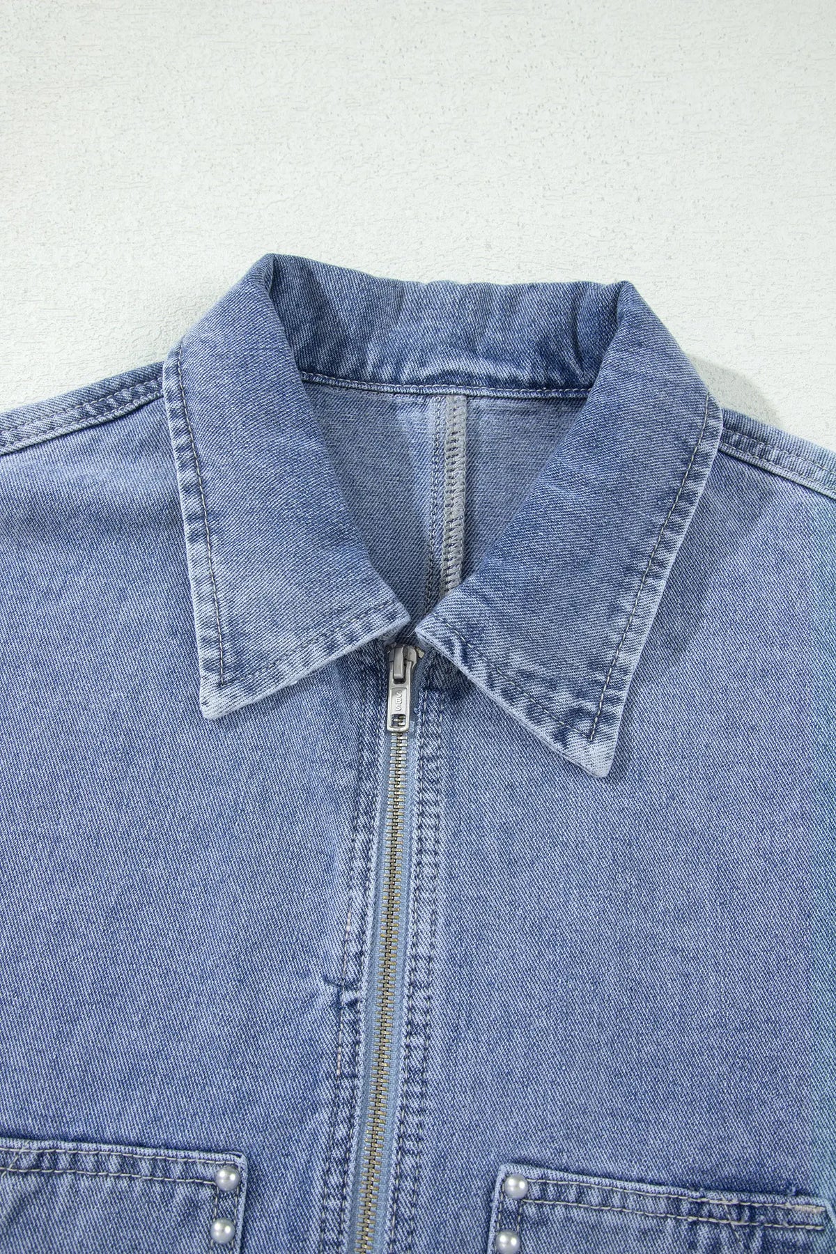 Beau Blue Studded Metal Zipper Rivet Pockets Long Sleeve Denim Jacket