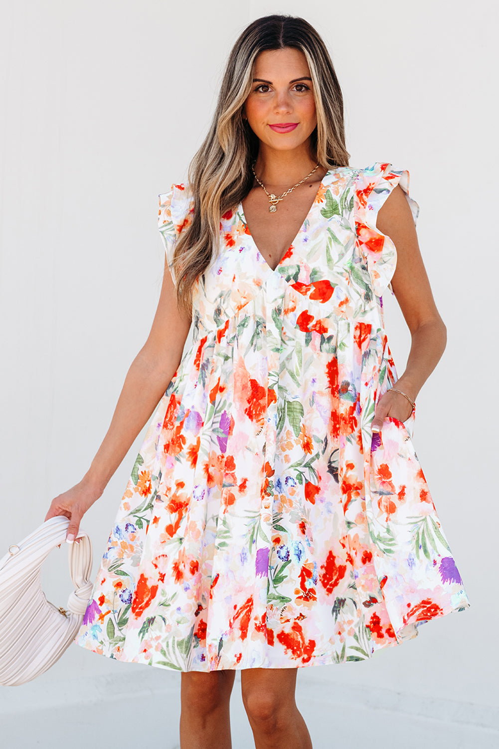 Pink Floral Double Ruffle Sleeve V Neck High Waist Mini Dress eAura