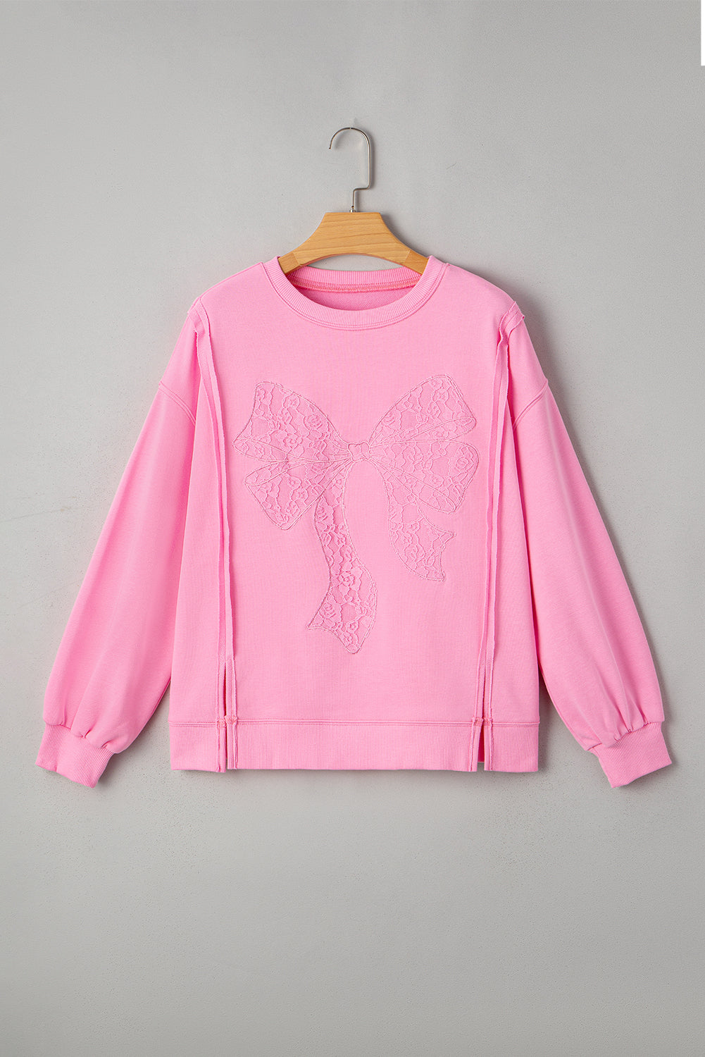 Lace Insert Bow Embroidered Exposed Seam Sweatshirt - eAura