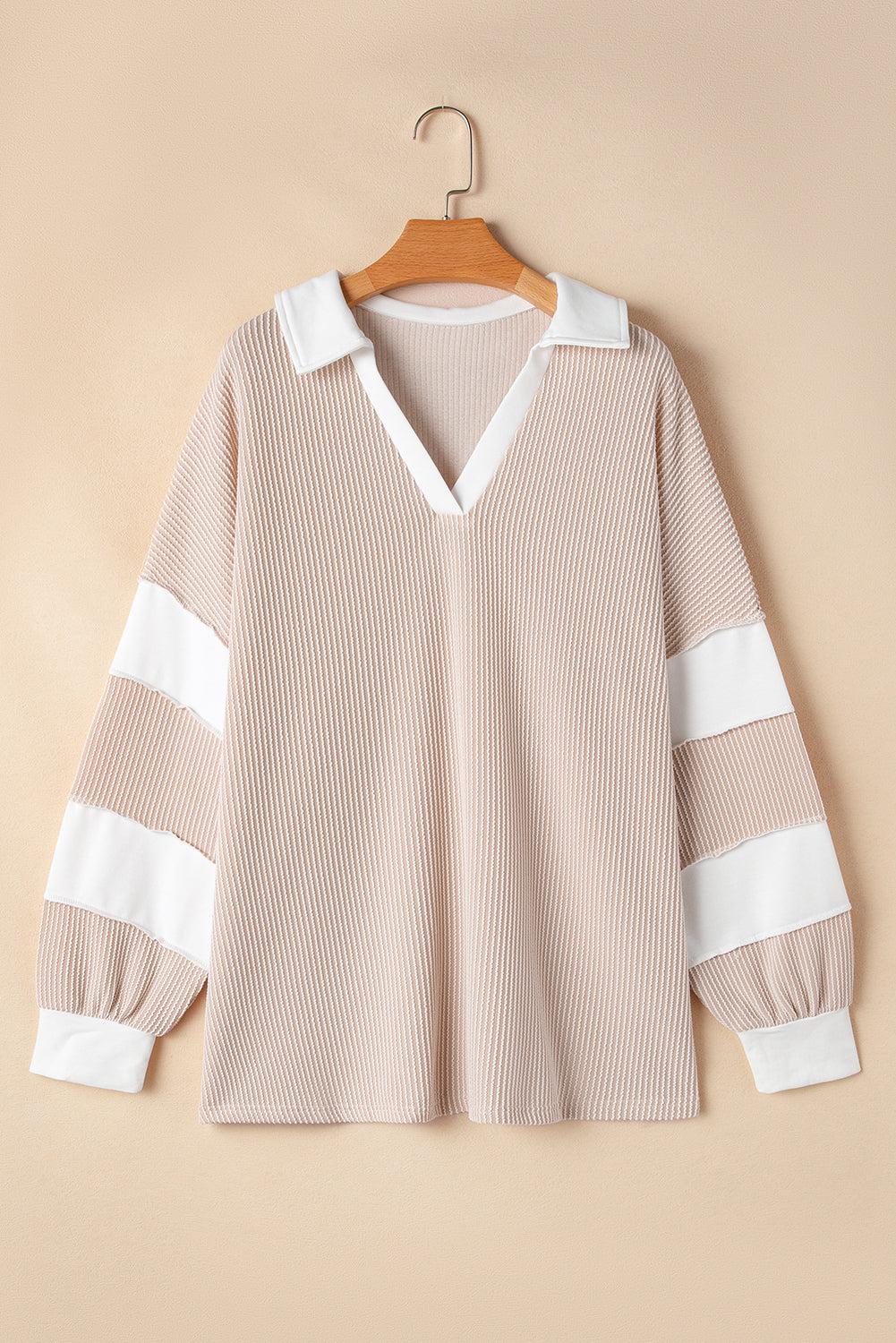 Parchment Ribbed Colourblock Long Sleeve Slit V Neck Plus Top BB Fashion Outlet