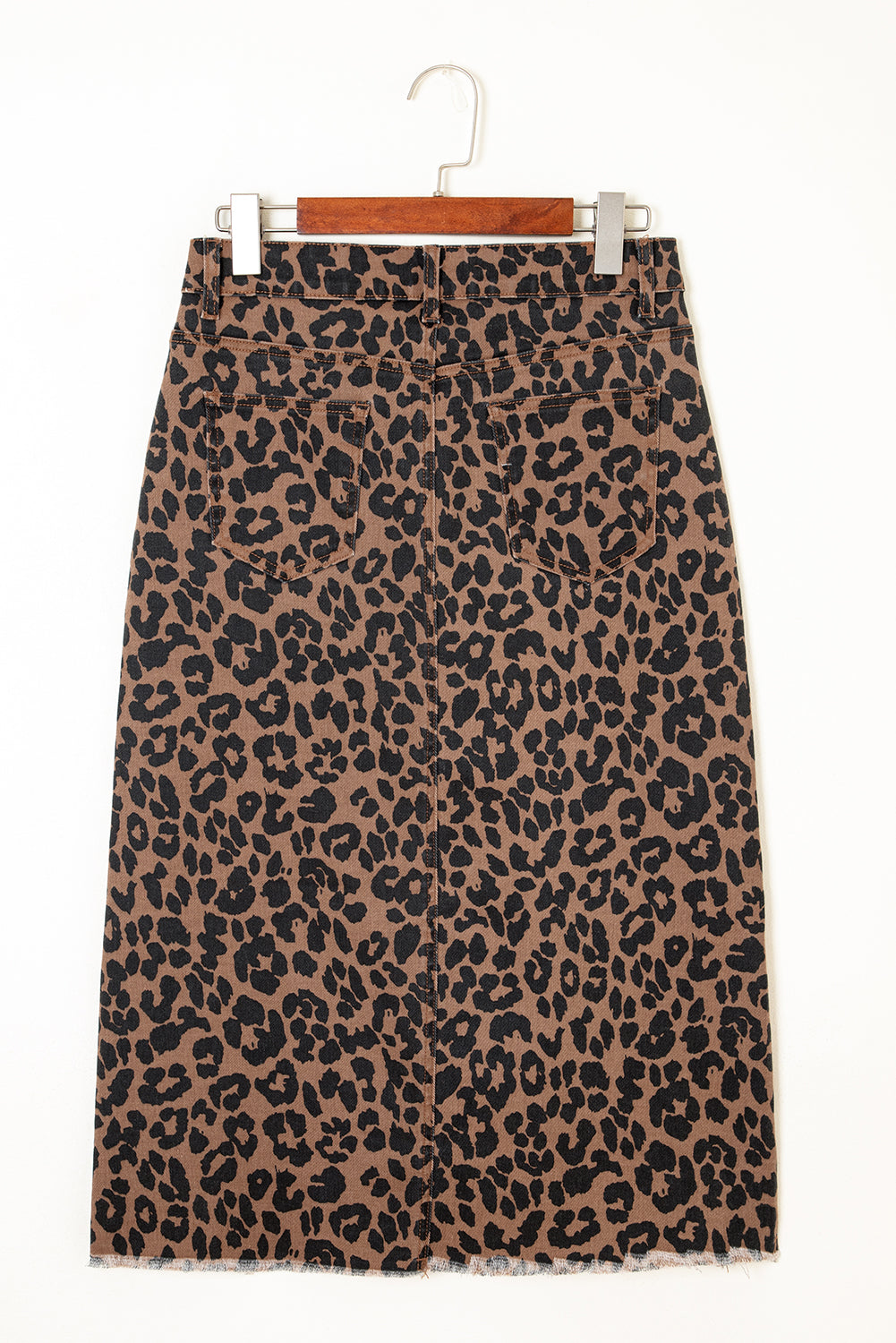 Leopard Denim Frayed Split Denim Midi Skirt - eAura