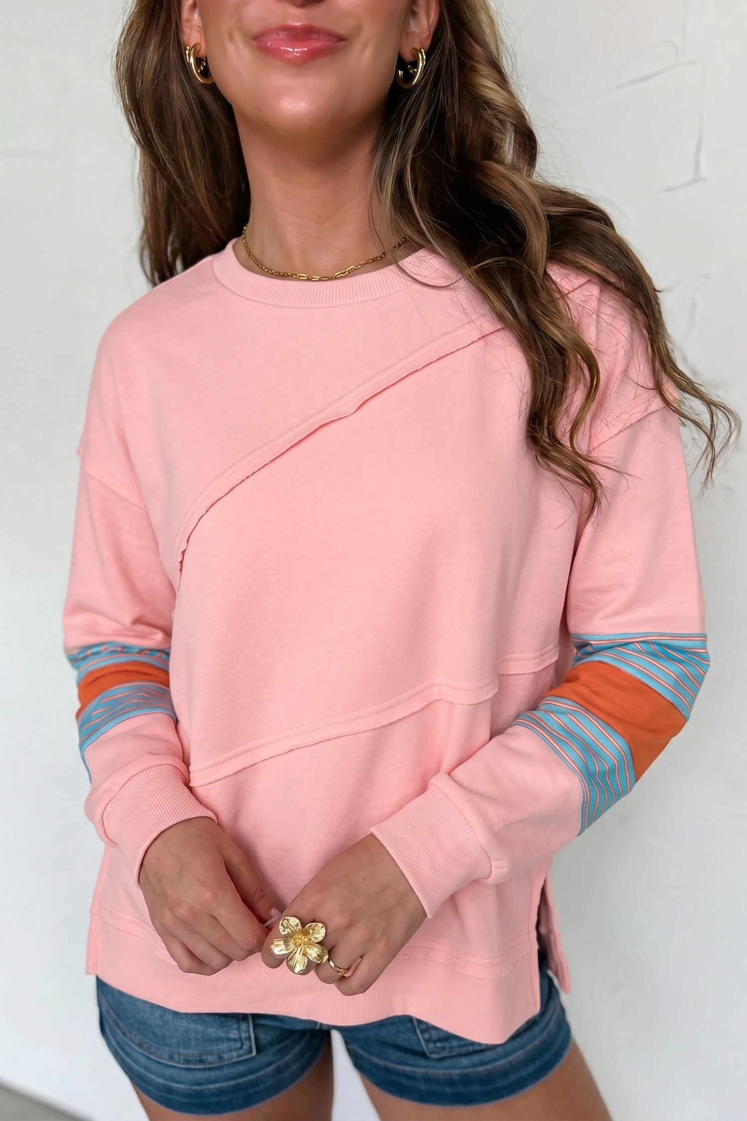 Colorblock Striped Patchwork Long Sleeve Round Neck Blouse – Pink