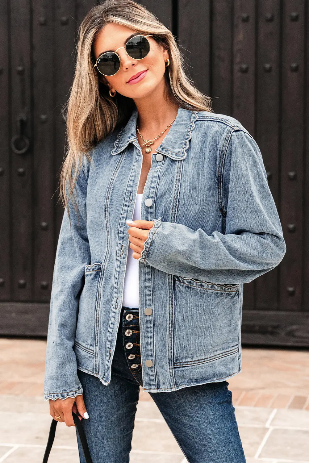 Blue Scallop Trim Collar Patched Pocket Button Up Mineral Washed Denim Jacket