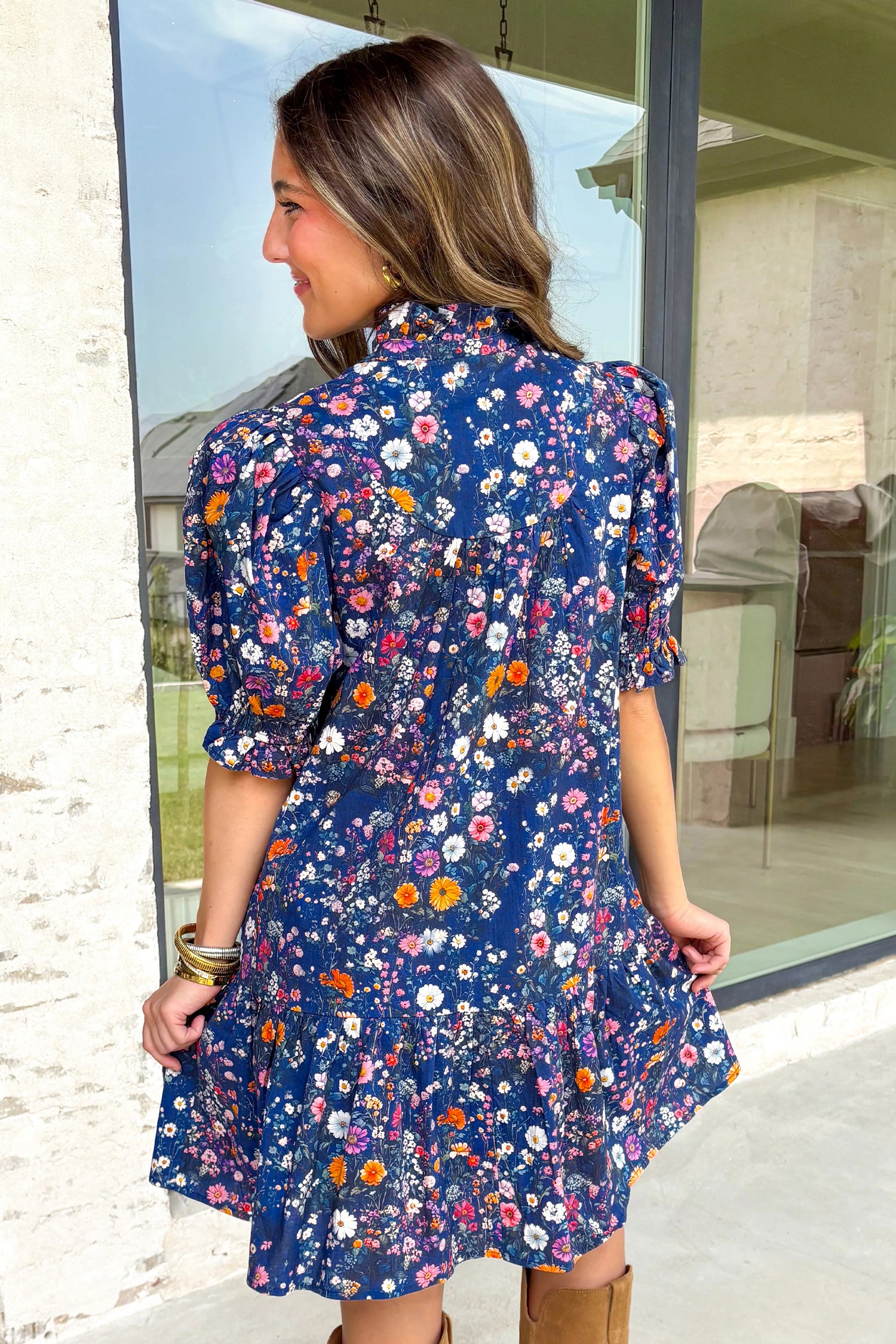 Wild Daisy Floral Split Neck Short Puff Sleeve Mini Dress
