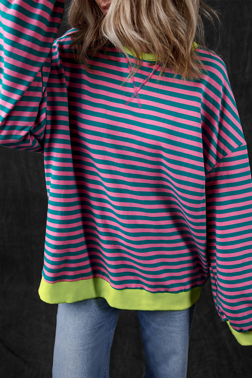 Sky Blue Stripe Oversized Contrast Trim Pullover Sweatshirt BB Fashion Outlet