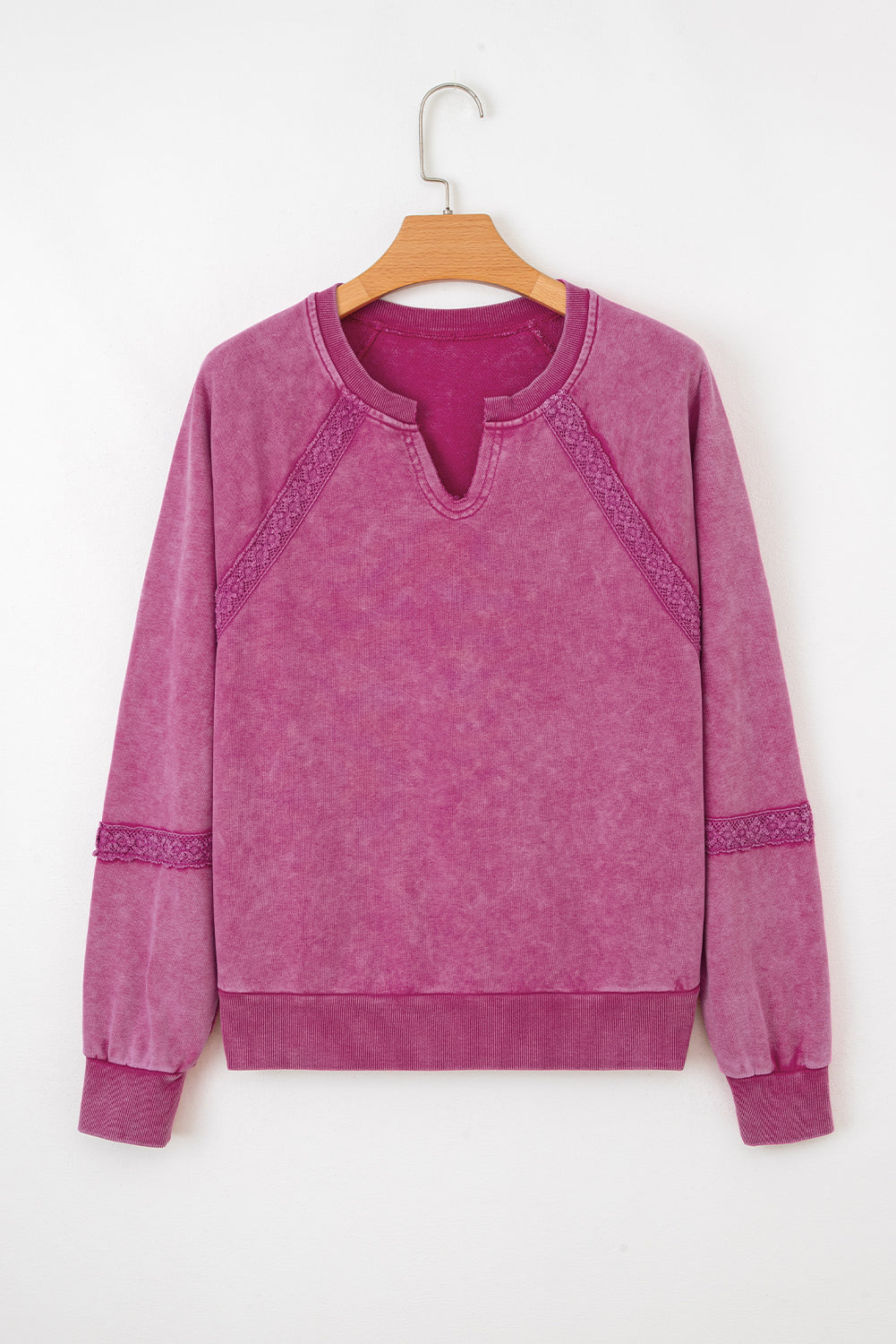 Lace Patchwork Detail Notched Neck Mineral Wash Baggy Sweatshirt - Tops/Sweatshirts & Hoodies