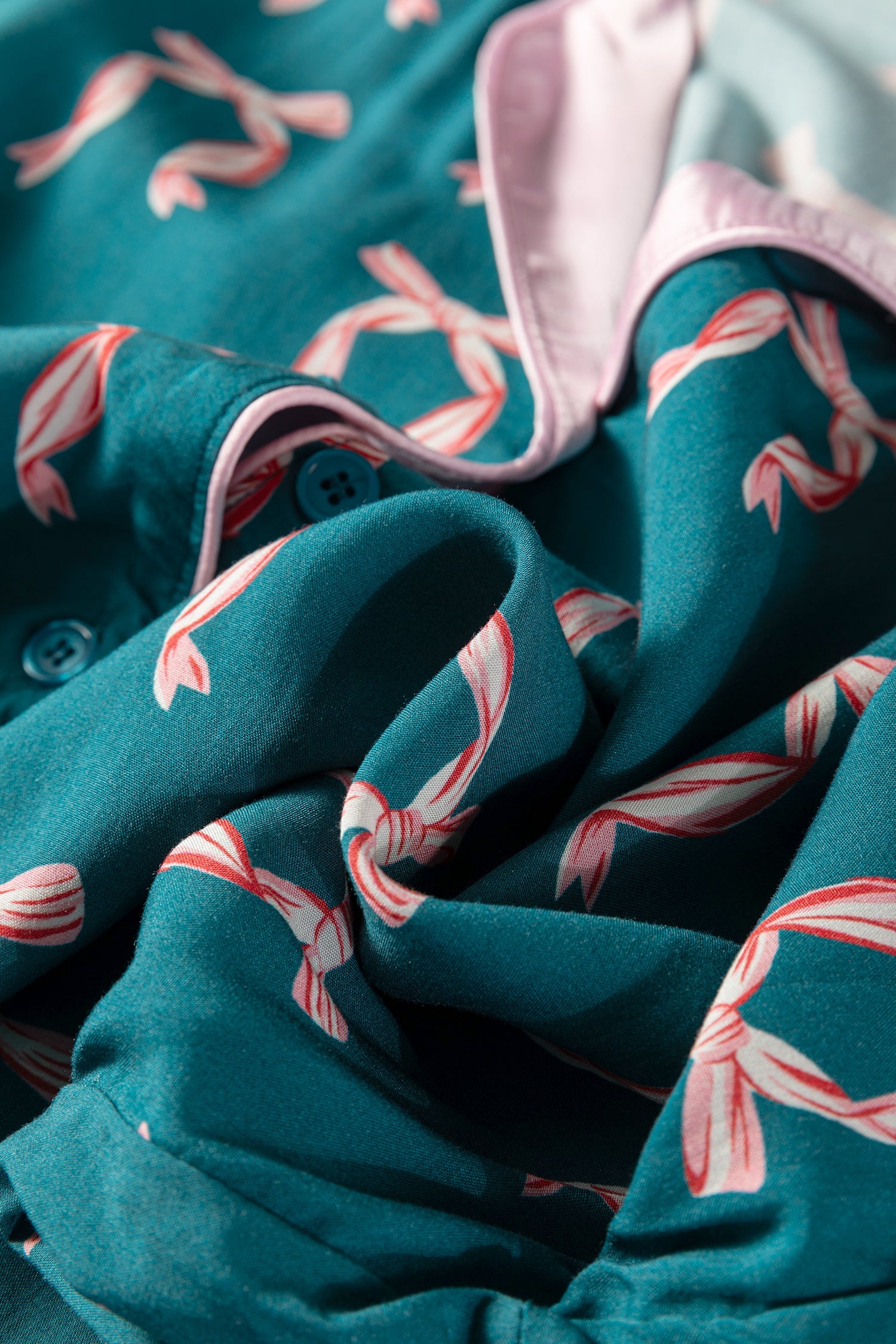 Green Ribbon Bow Print Long Sleeve Shirt and Shorts Pyjama Set - Loungewear & Sleepwear/Sleepwear