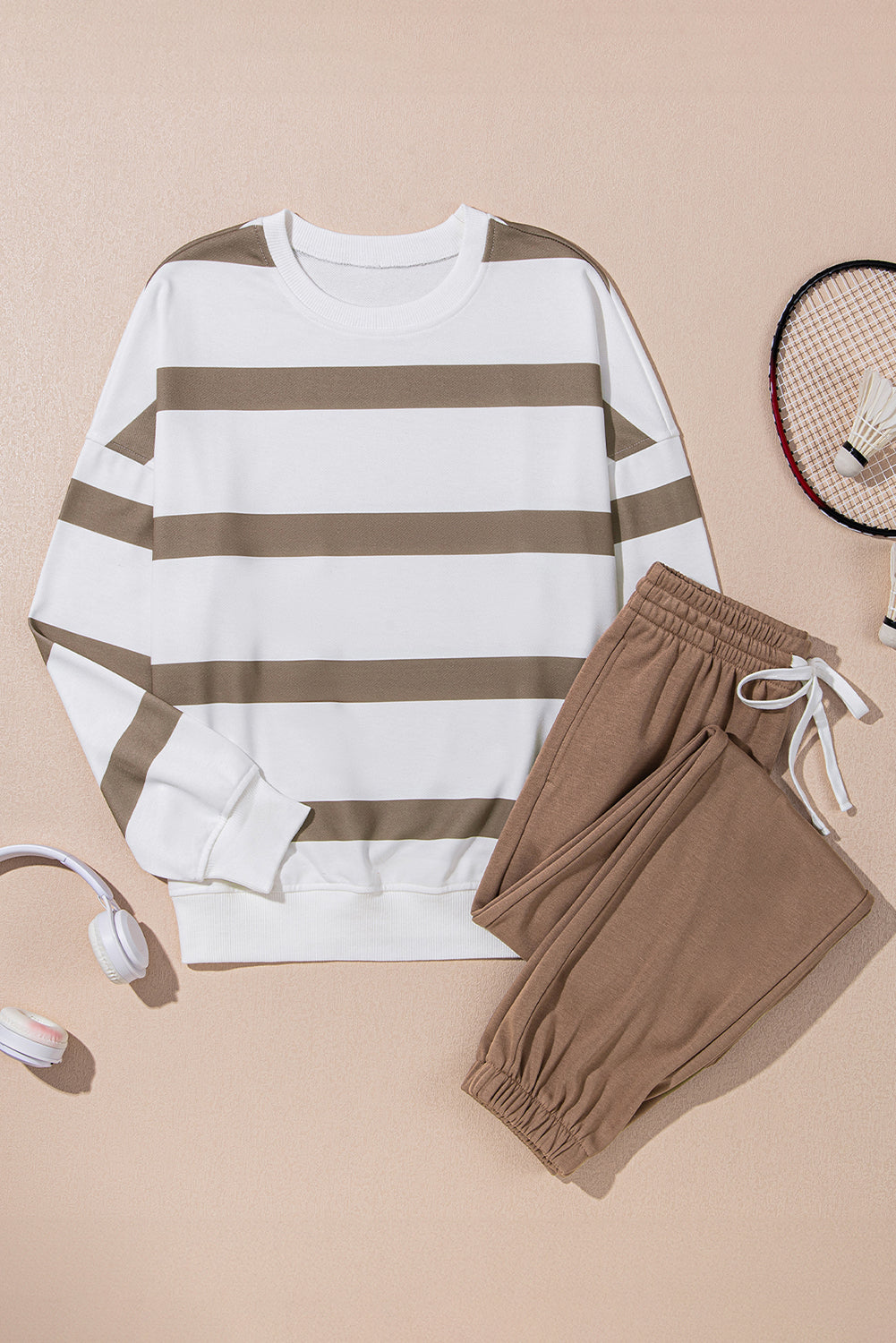 Black Stripe Drop Shoulder Pullover and Jogger Trousers Set eAura