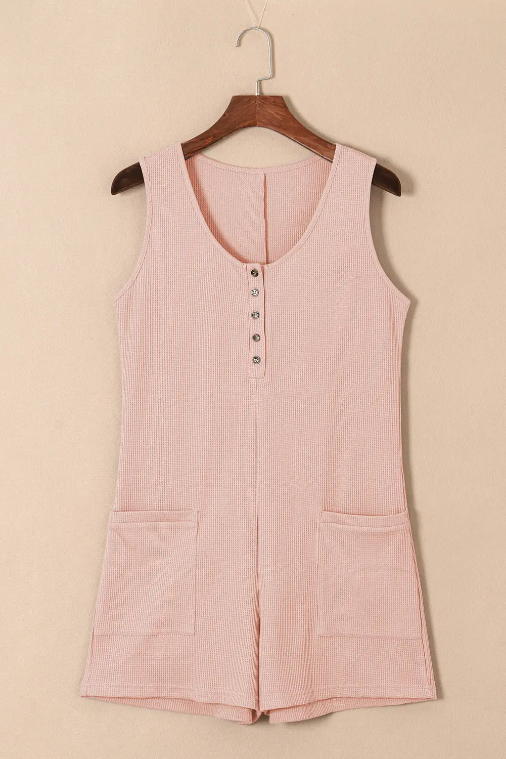 Light Pink Waffle Sleeveless U Neck Buttons Romper With Pockets