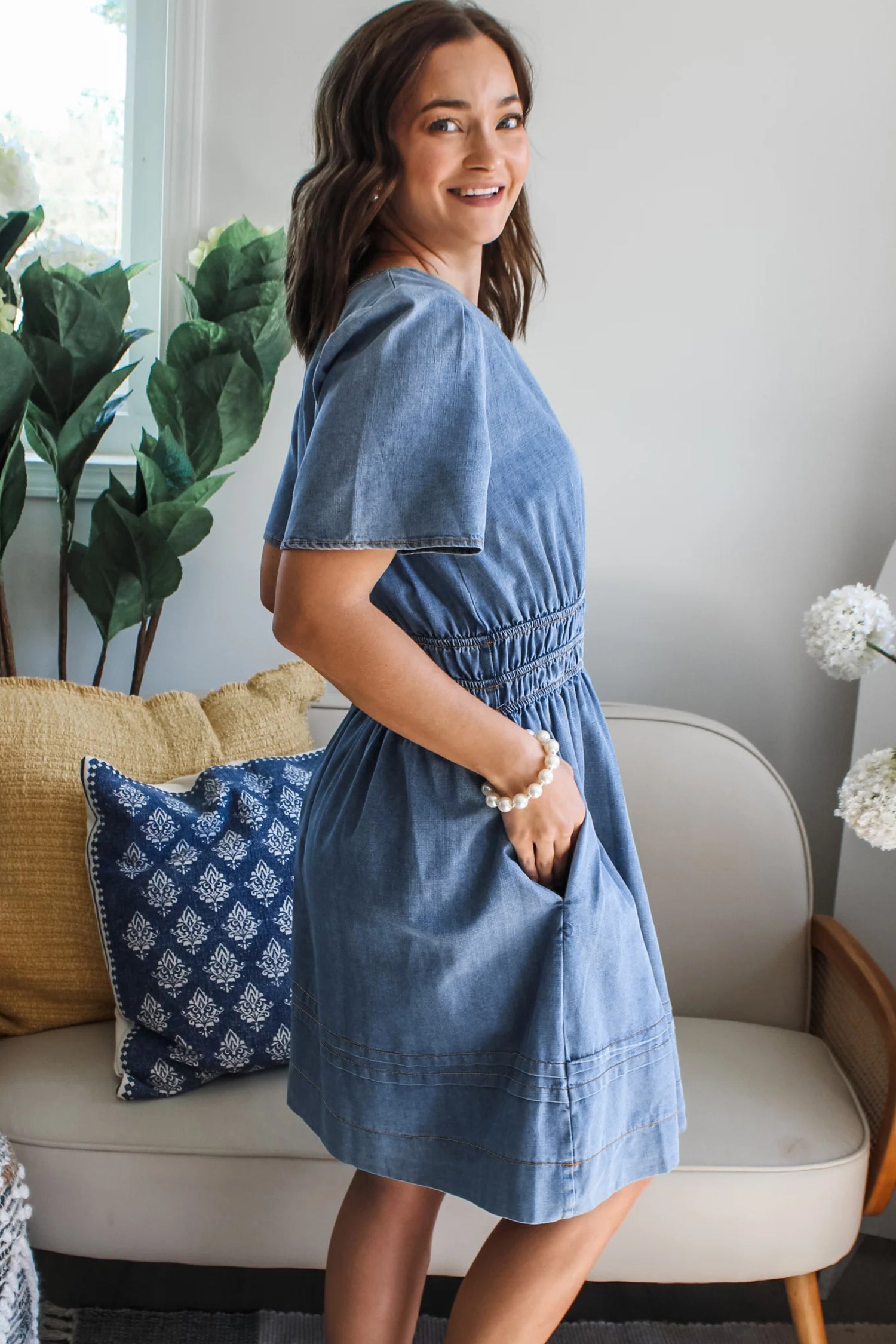 Elastic Waist Short Sleeve Denim Mini Dress