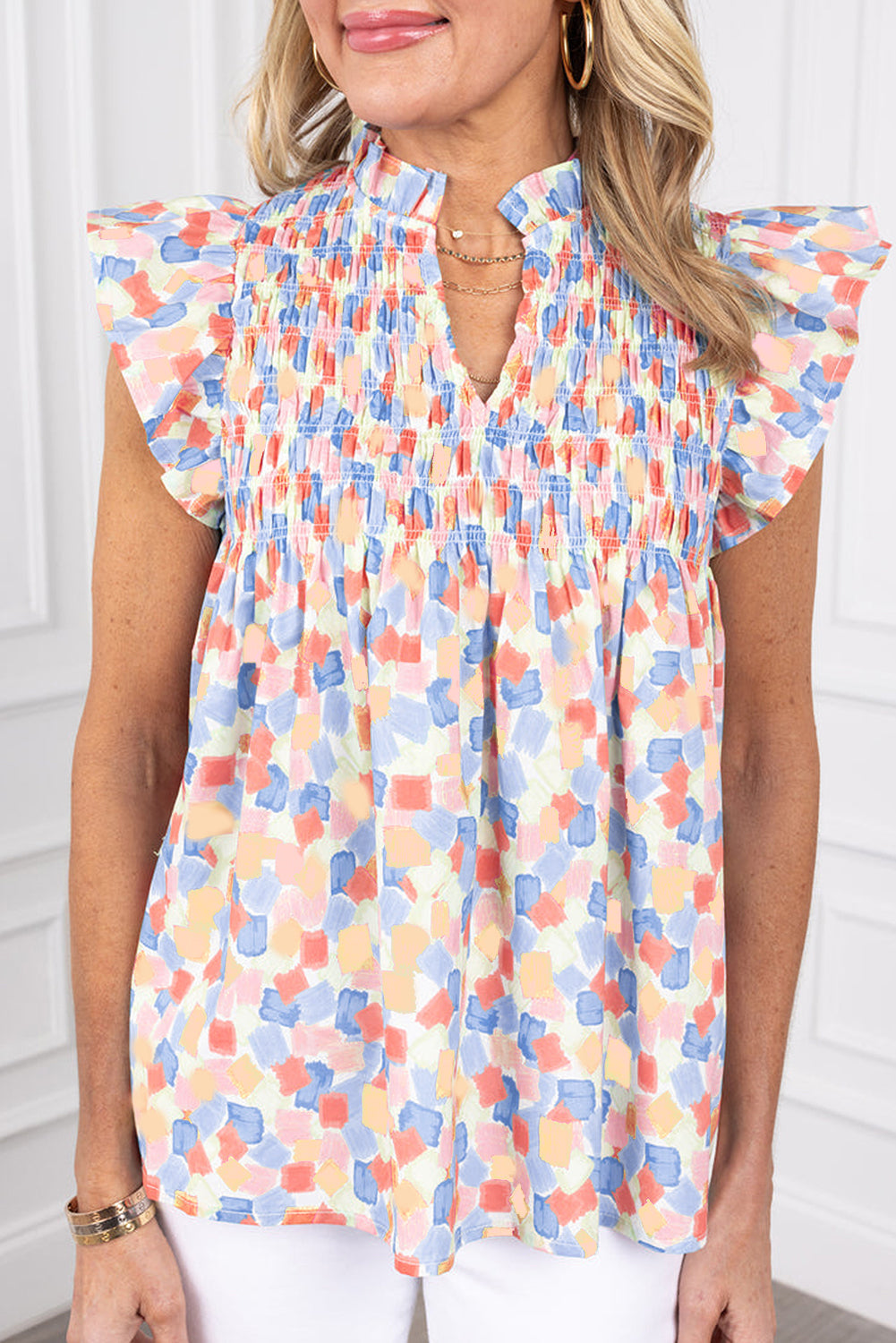 Pink Shirred Yoke Ruffled Abstract Printed Blouse eAura