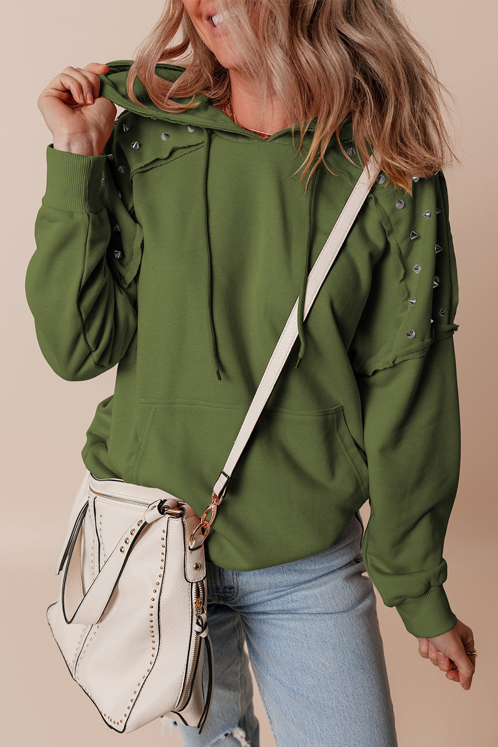 Fushia Solid Color Rivet Stud Raglan Sleeve Hoodie with Pocket BB Fashion Outlet