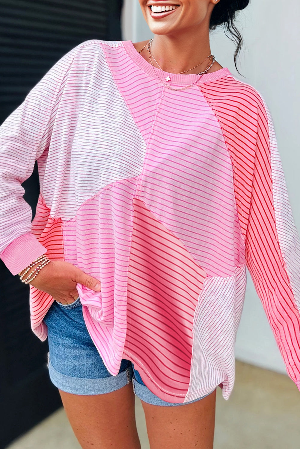 Pink Striped Exposed Seam Casual Long Sleeve Top Dear-Lover Dropshipping