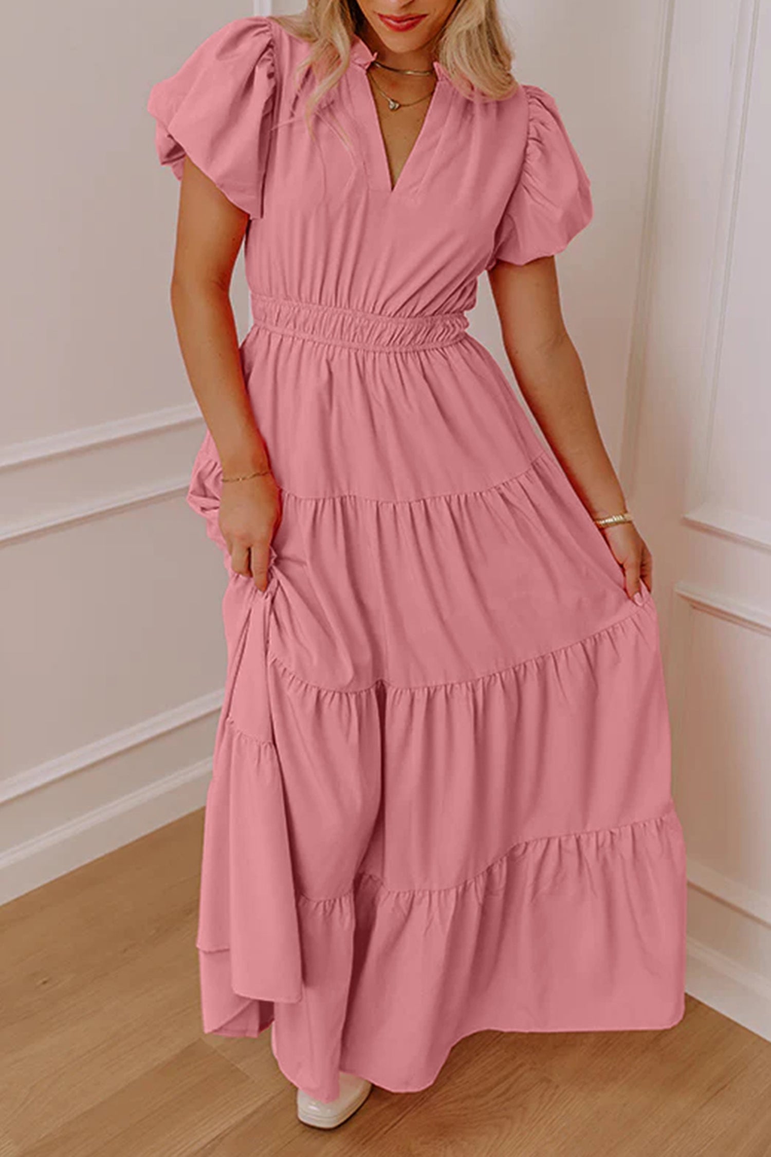 Women's V-Neck Puff Sleeve Tiered Maxi Dress