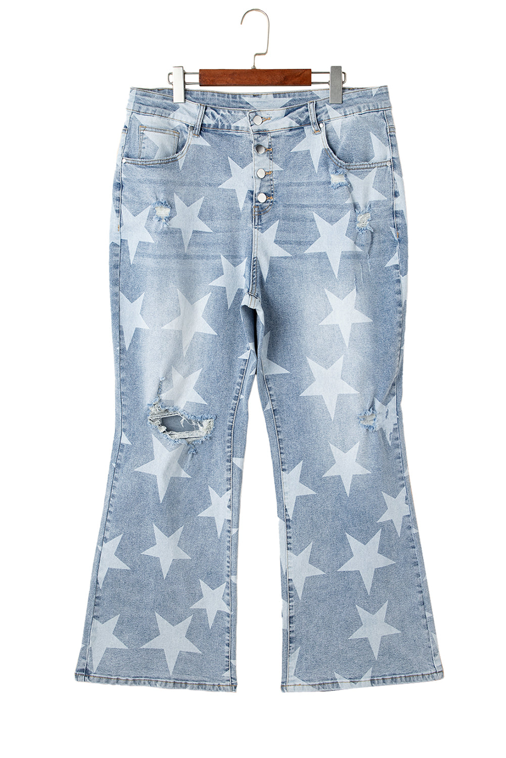 Sky Blue Star Printed Multi Buttons Slit Knee Destroyed Plus Size Jeans BB Fashion Outlet