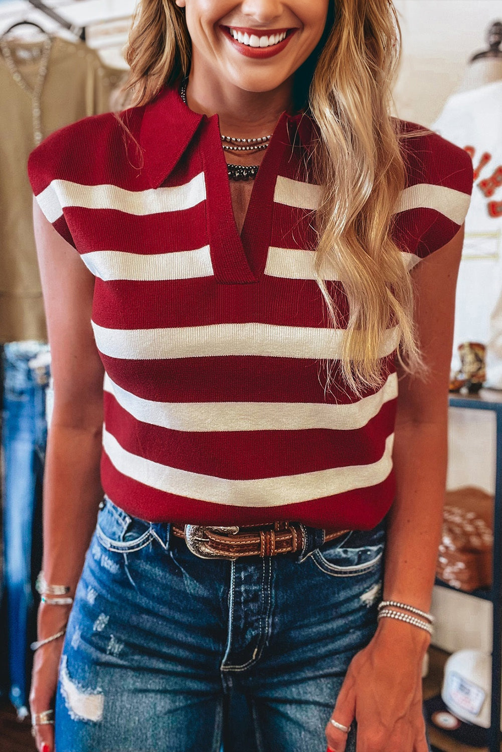 Red Stripe Collared Split Neck Sweater Vest eAura