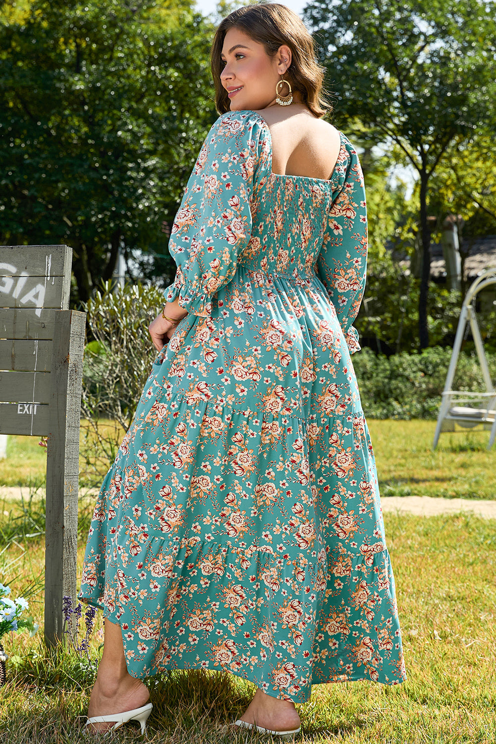 Green Plus Size Floral Print Square Neck Smocked Maxi Dress BB Fashion Outlet