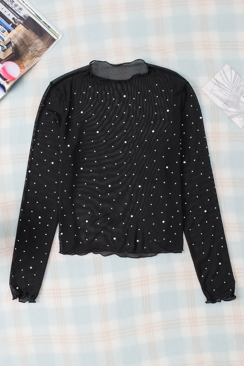 Black Rhinestone Sheer Mesh Slim Fit Long Sleeve Top eAura