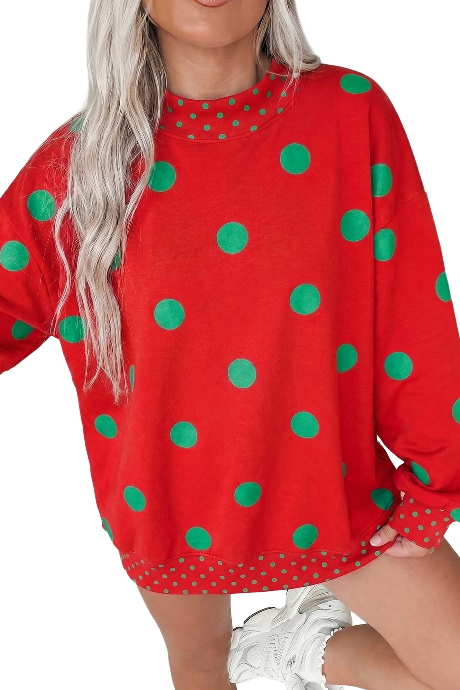 Polka Dot Print Contrast Detail Oversized Tunic Sweatshirt – Pink