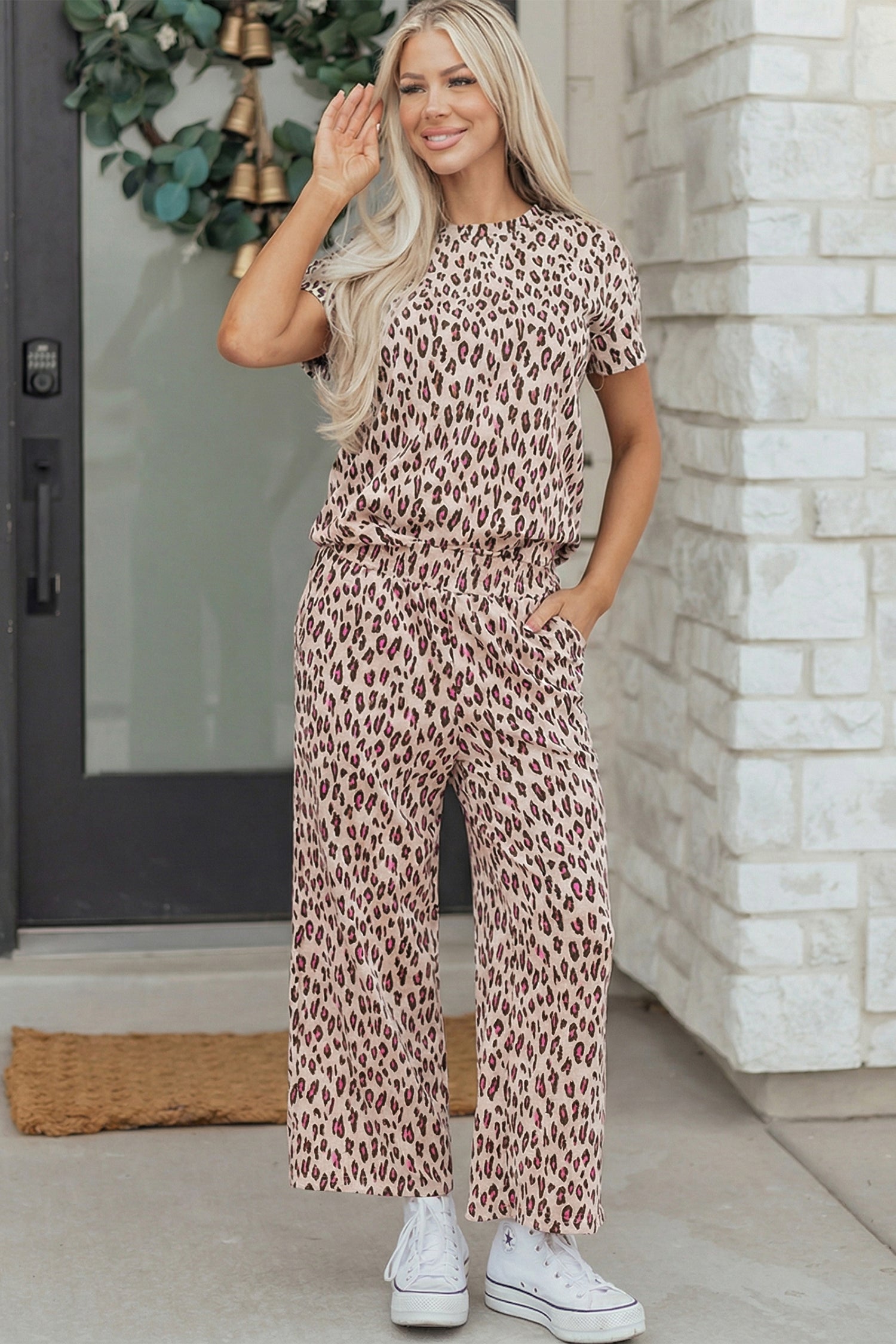 Leopard Print Casual Tee and Pants Co-ord Set