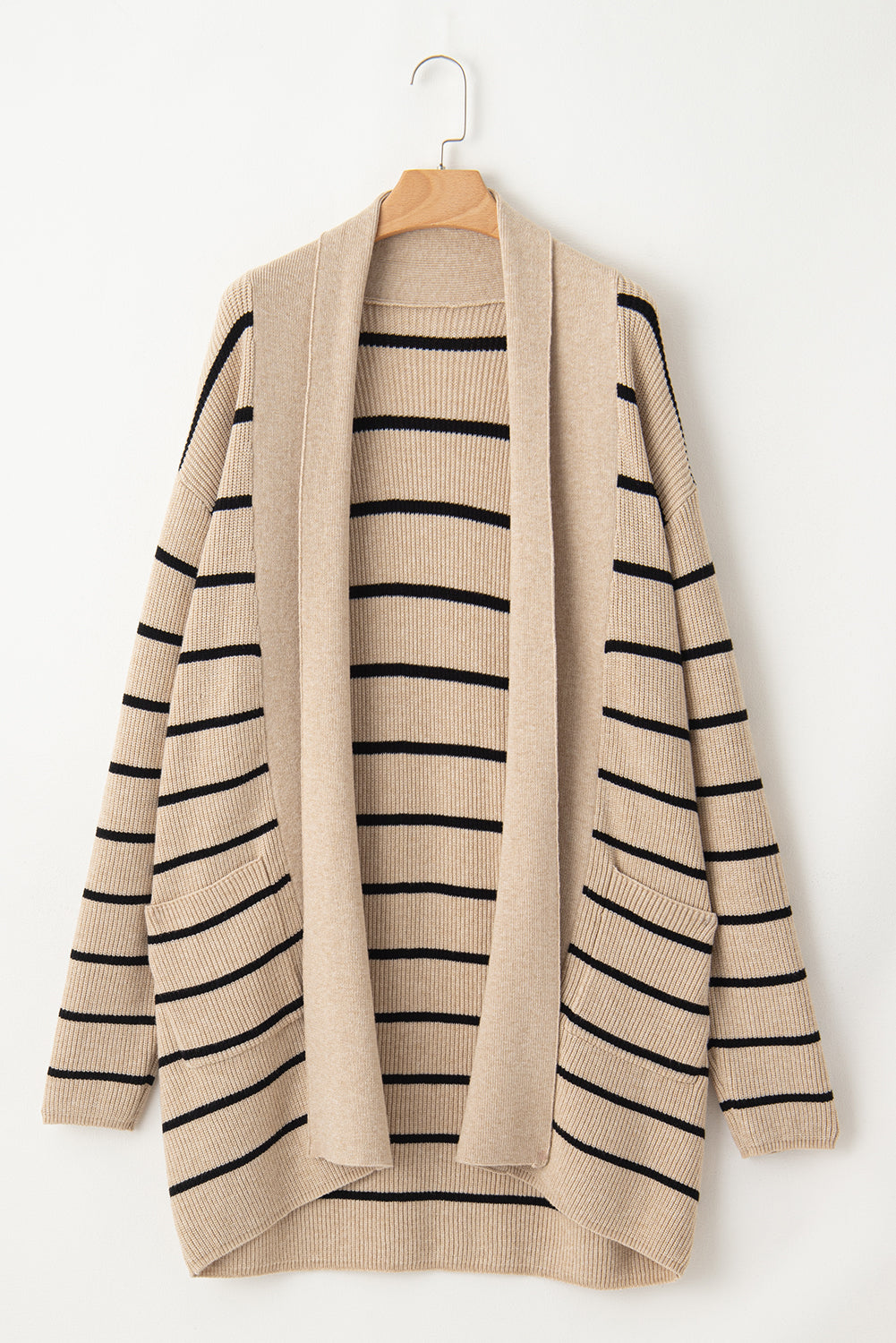 Black Stripe Shawl Neckline Open Cardigan with Pockets eAura