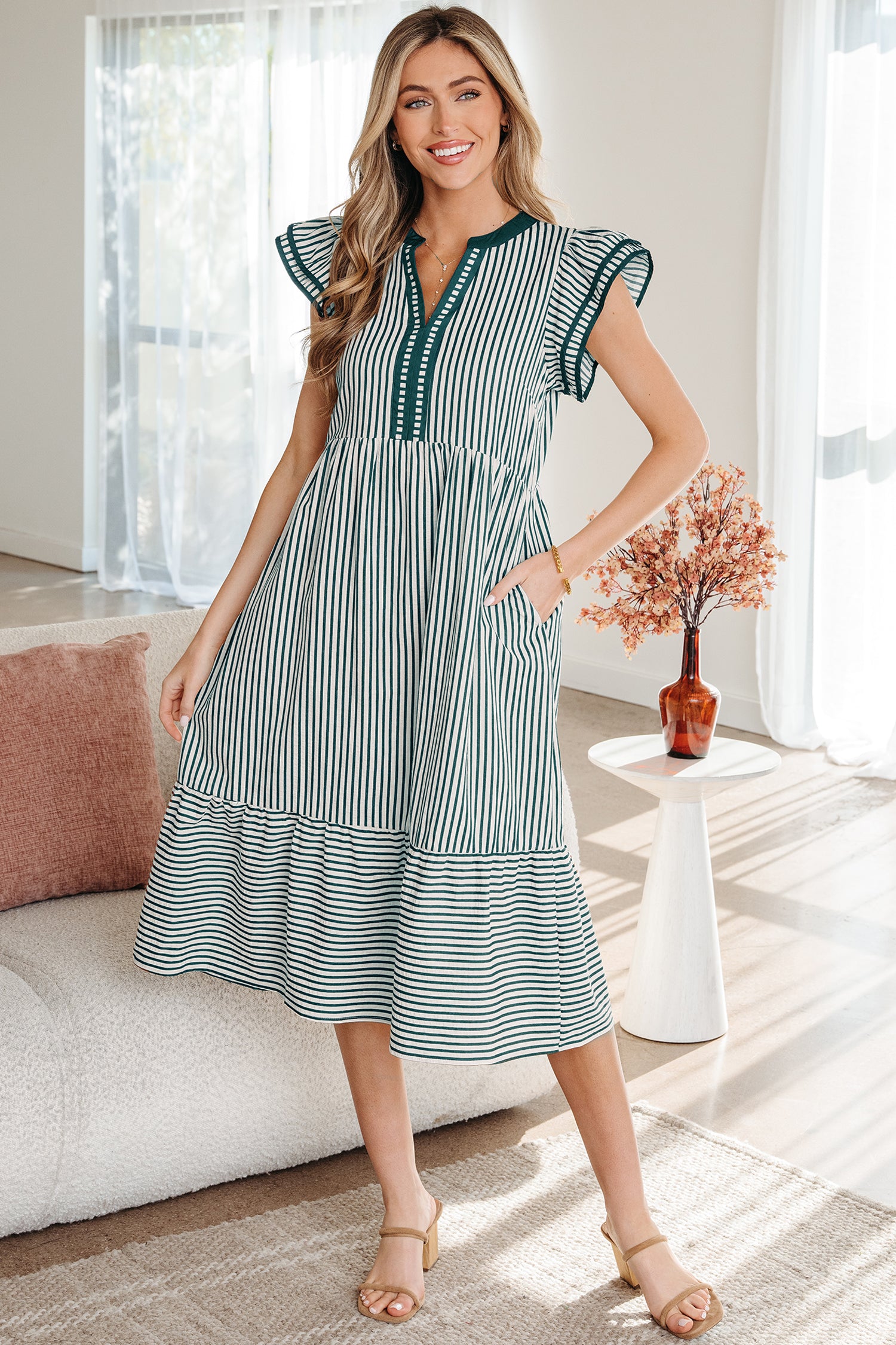 Stripe Double Ruffle Short Sleeve Contrast Trim V-Neck Midi Dress DL