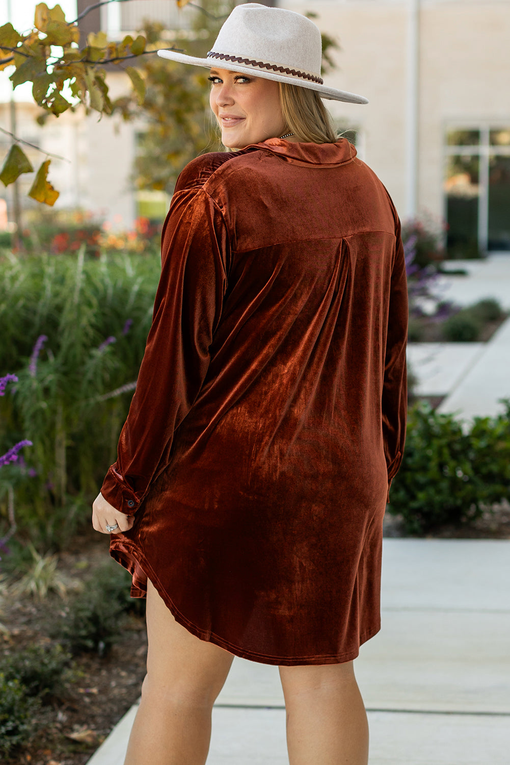 Coffee Plus Size V Neck Collared Pleated Back Rounded Hem Velvet Dress Beagle Boutique Fashion Outlet