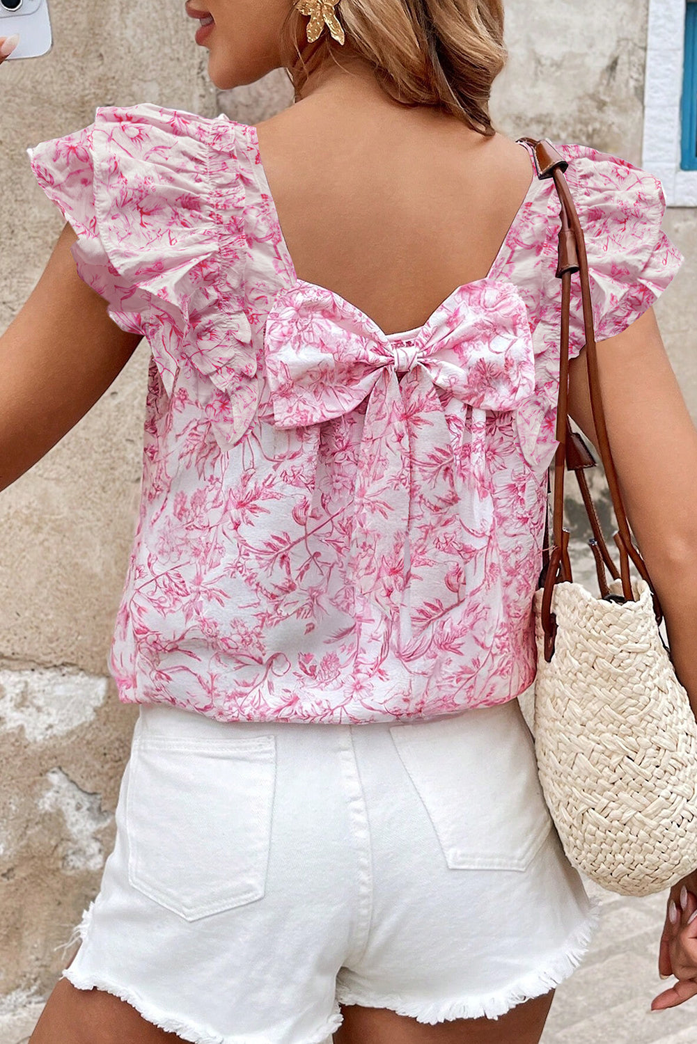 Floral Ruffled Short Sleeve Bow Back Square Neck Blouse eAura