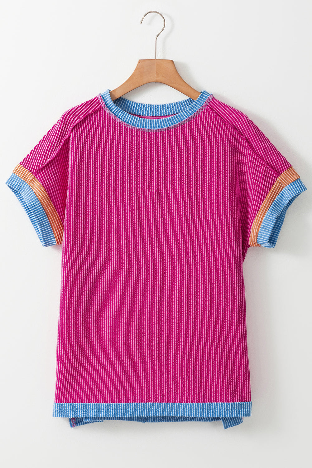 Textured Contrast Trim Round Neck T-Shirt eAura
