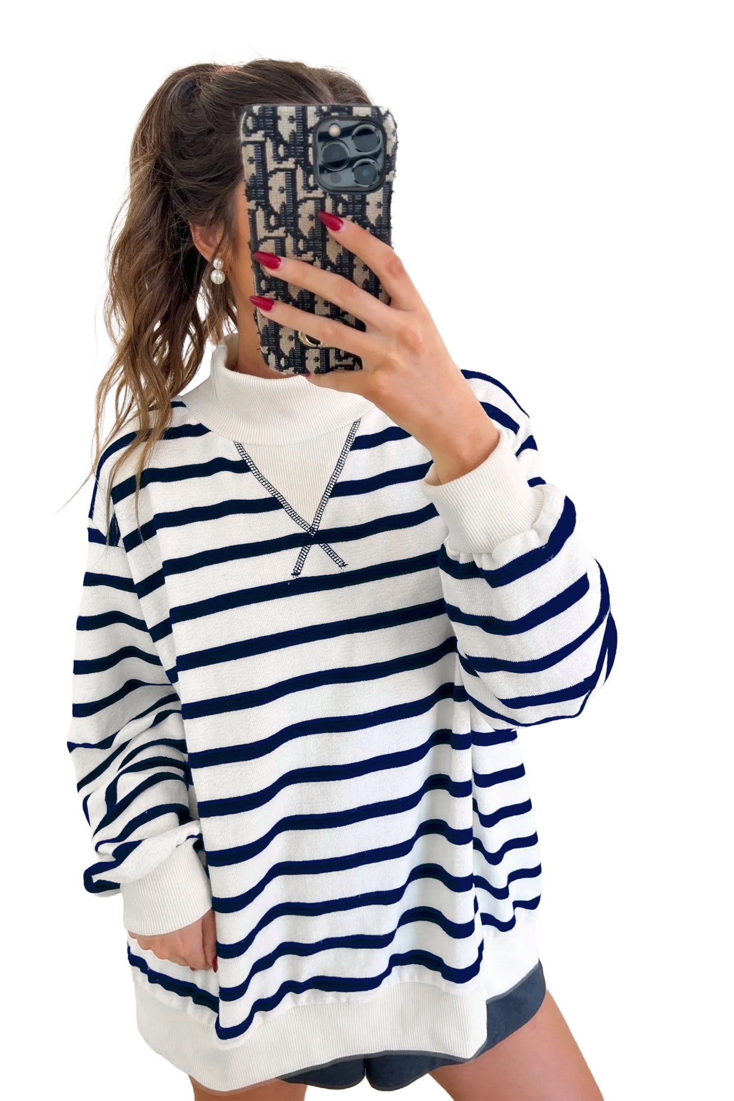 Striped Stand Neck Long Sleeve Ribbed Cuff Hem Sweatshirt – Blue Stripe
