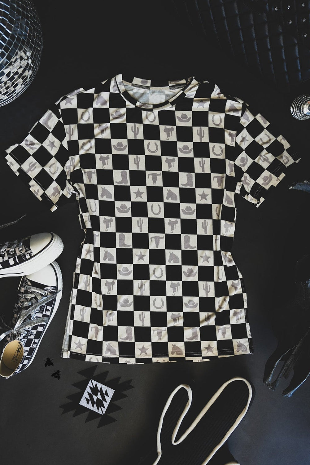 Black Western Fashion Checkerboard Print Side Split T Shirt eAura
