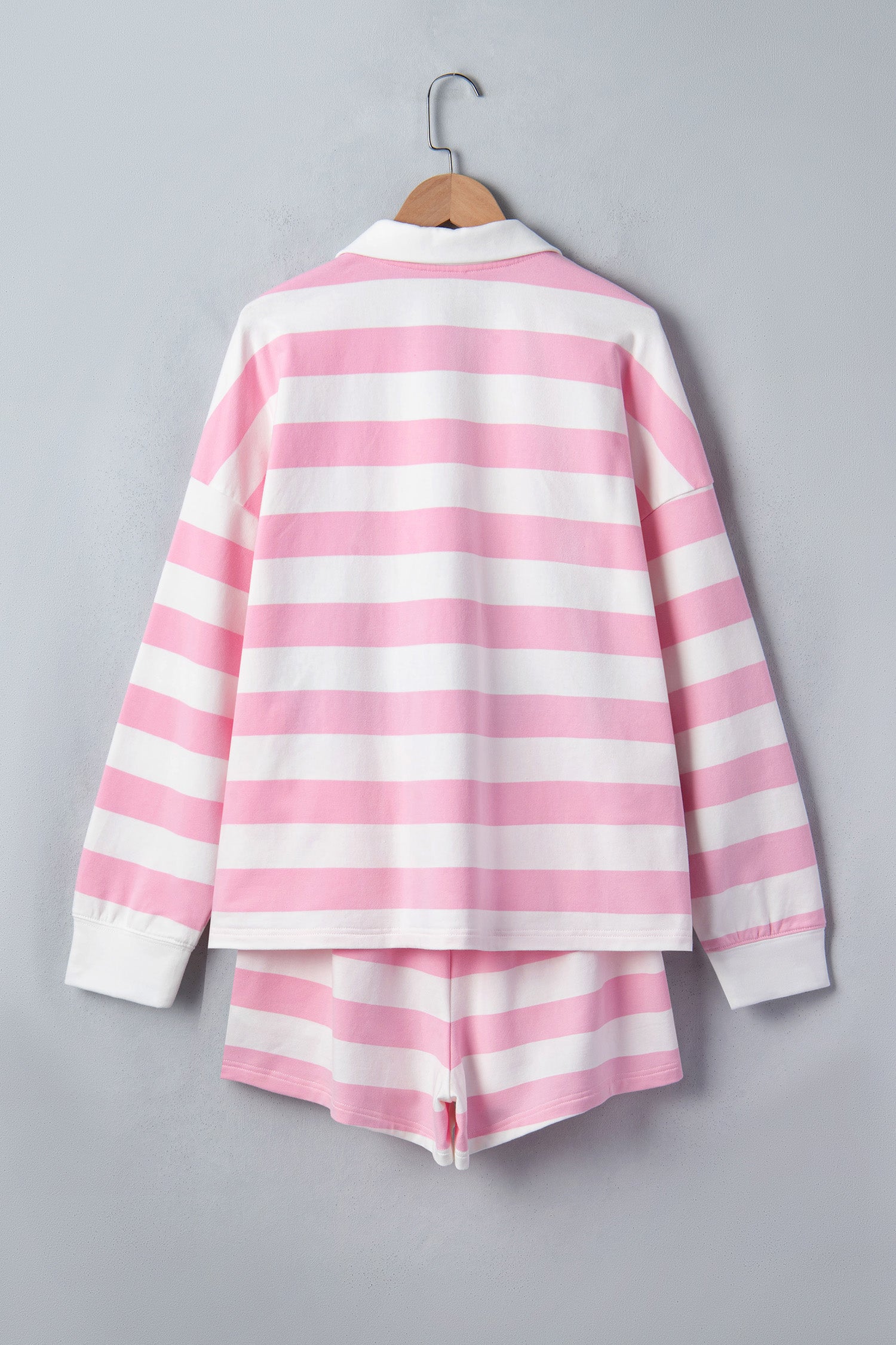 Patchwork Zipper Pullover Elastic Waist Shorts 2pcs Set – Pink Stripe